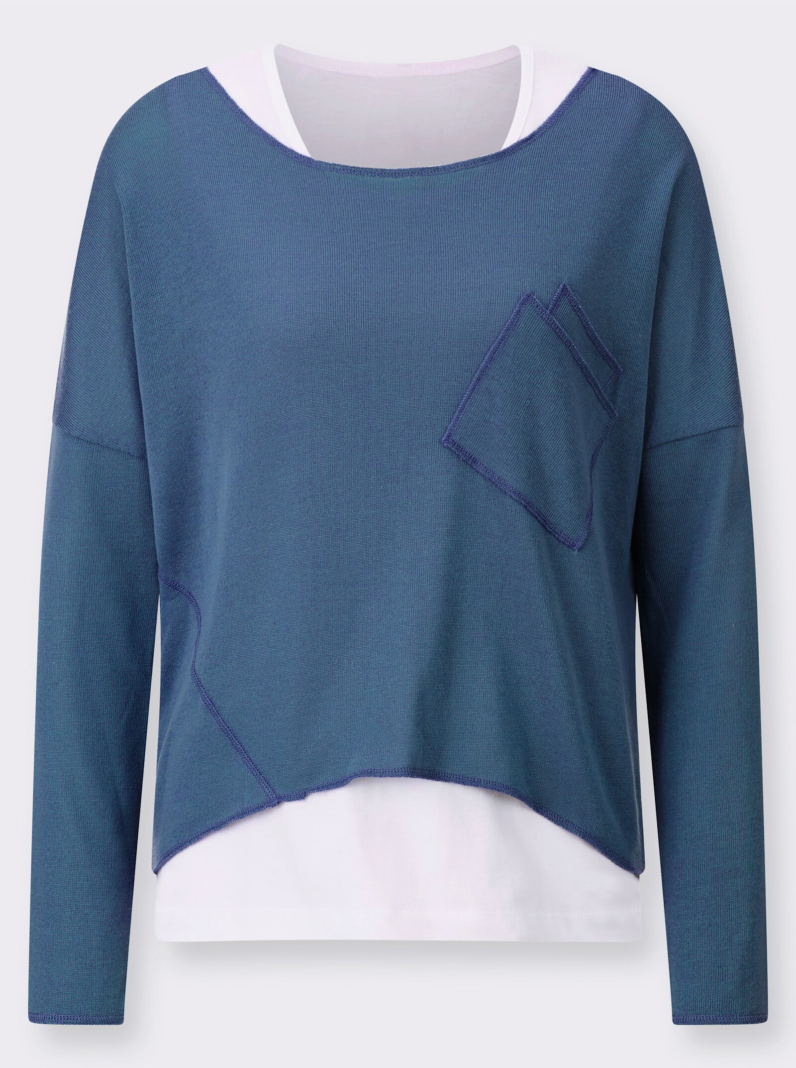 2-in-1-Shirt mit Unterzieh-Top - jeansblau-weiß