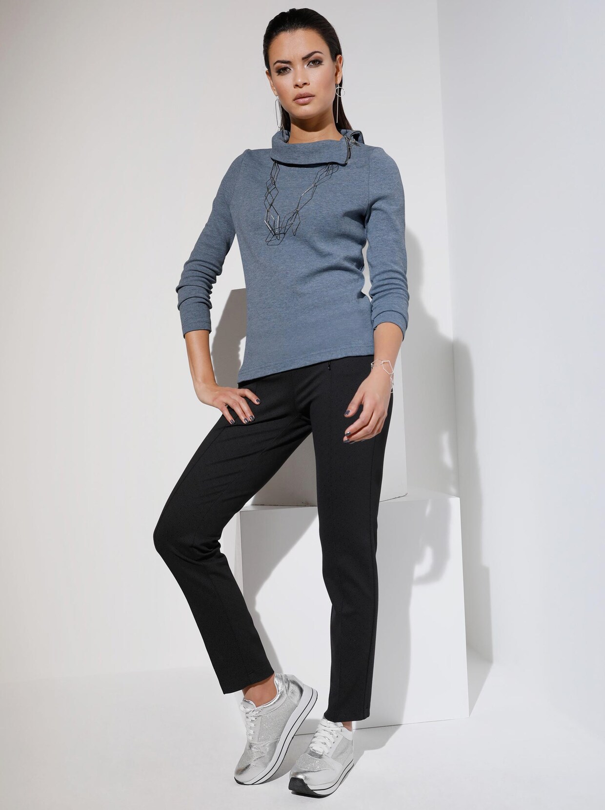 Langarm-Poloshirt - blaugrau