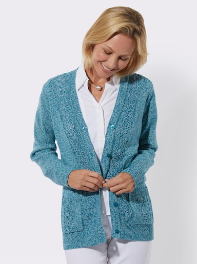 Strickjacke - aquapetrol-ecru-meliert