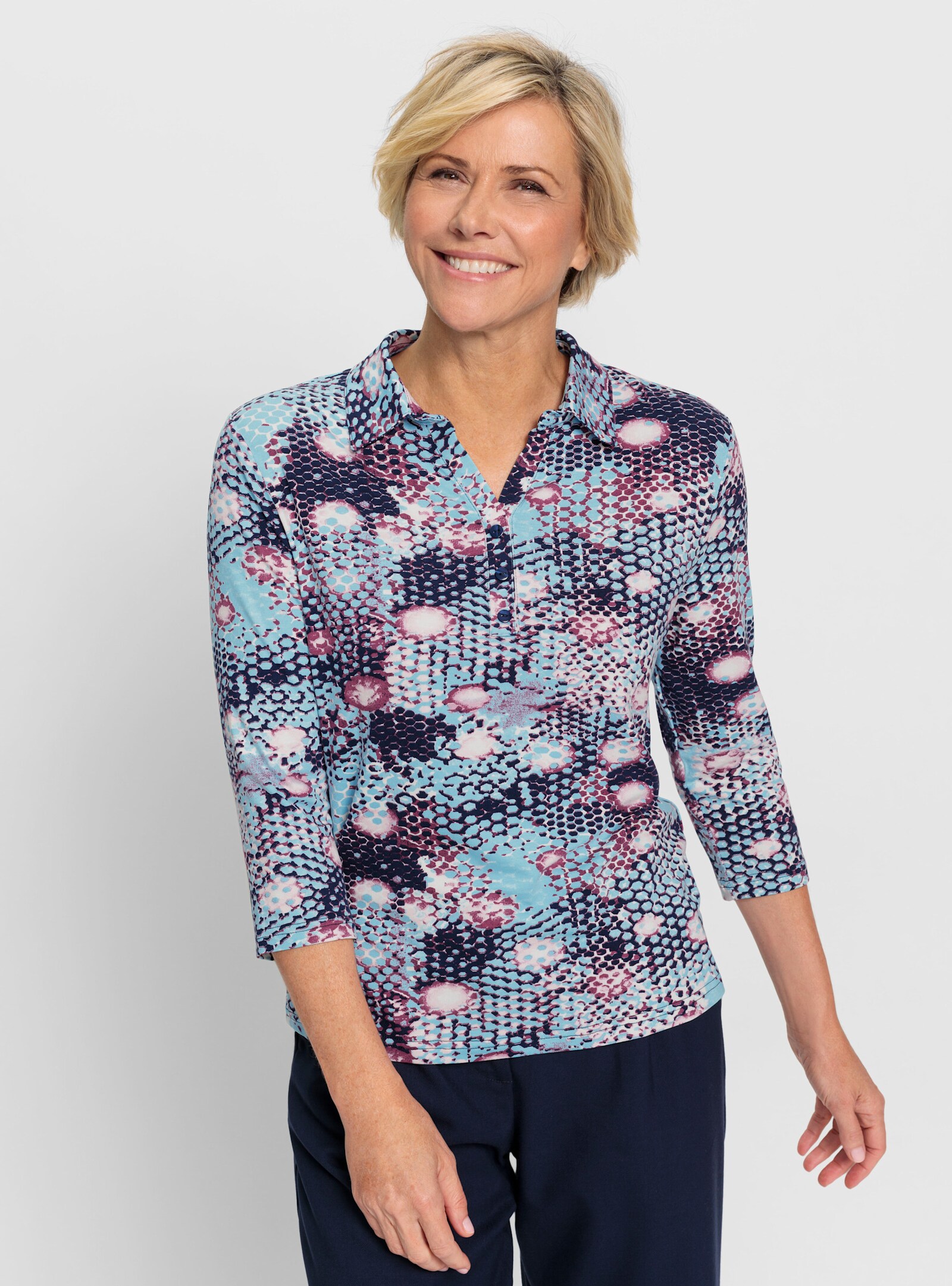 Poloshirt in bewegungselastischer Qualität - aquamarin-marine-bedruckt