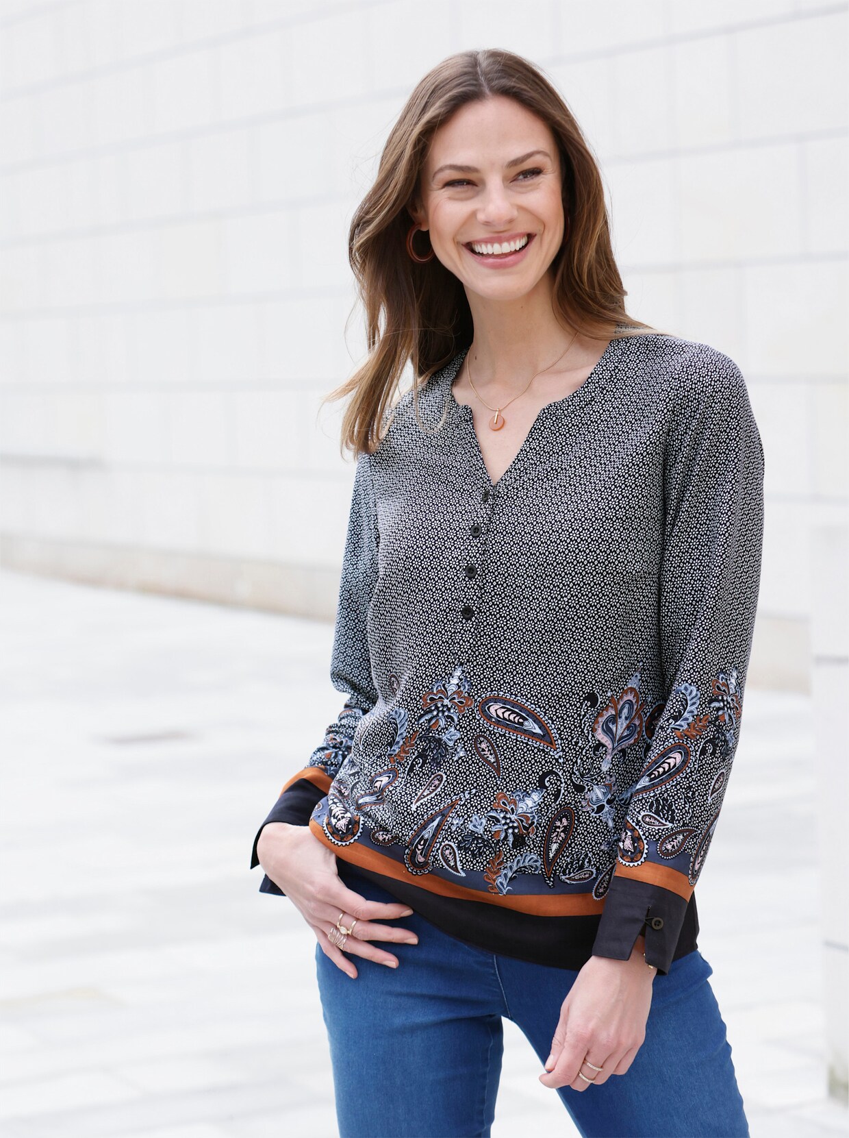 Blouse met print - marine-cognac-bedrukt