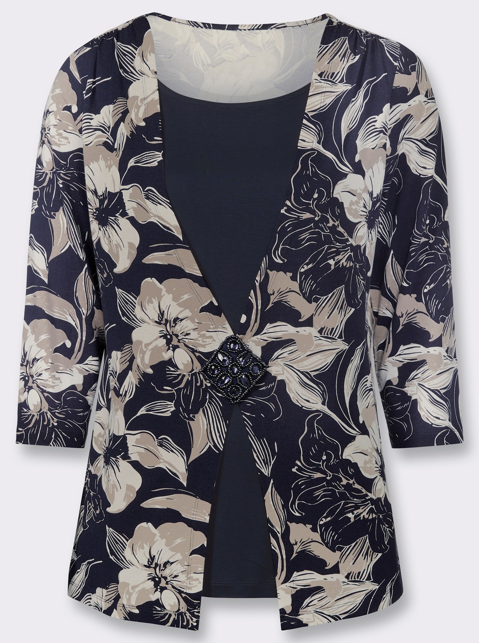 2-in-1-Shirt mit Ziersteinchen-Patch - marine-beige-bedruckt