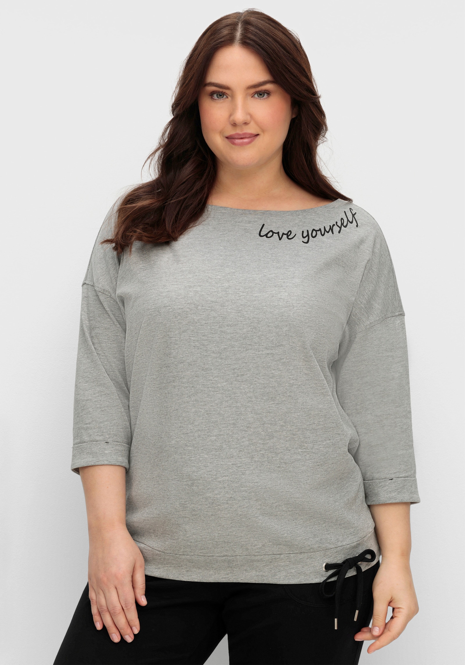 sheego Oversize-Shirt mit Wordingprint - grau meliert