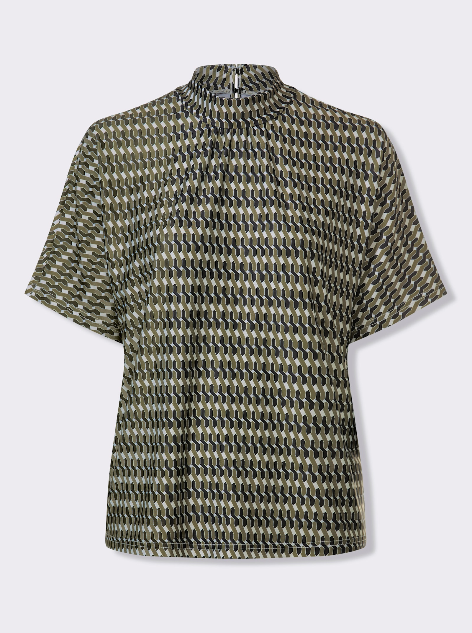 heine Blusenshirt Ausschnitt mit Kräuselung - oliv-schwarz-bedruckt