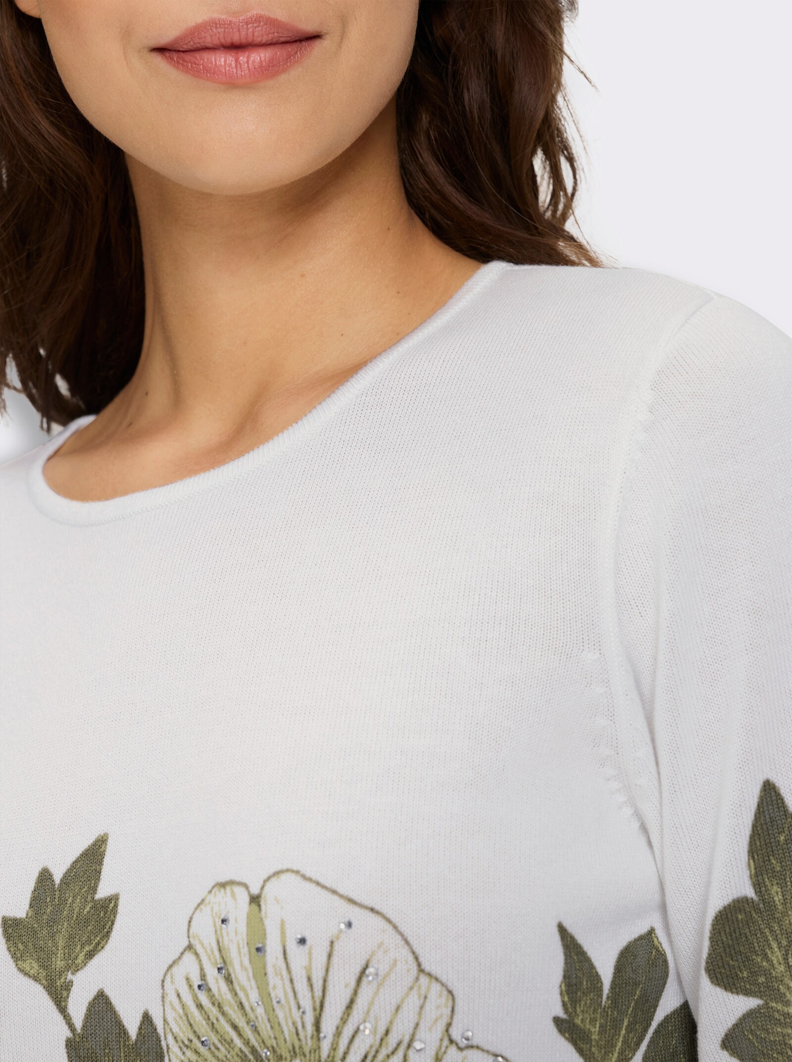 3/4-Arm-Pullover mit platziertem Druckdessin und Glitzersteinchen - weiß-khaki-bedruckt