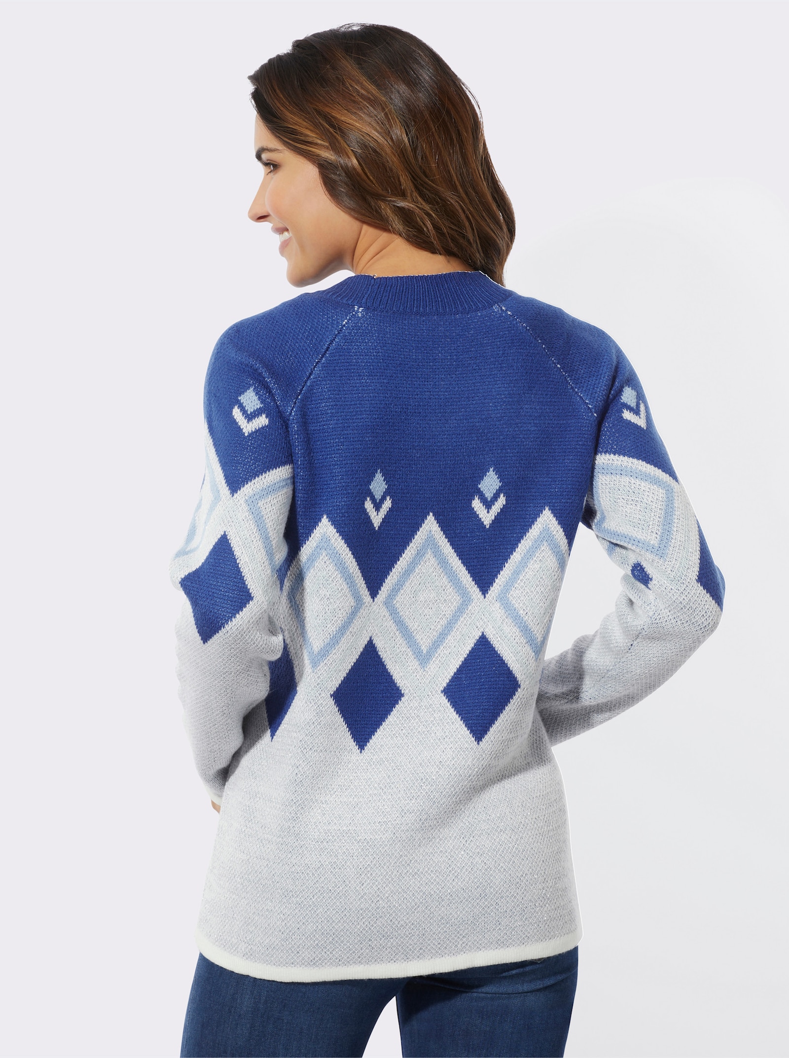 Stehkragenpullover mit Glanzgarn - ecru-himmelblau-gemustert