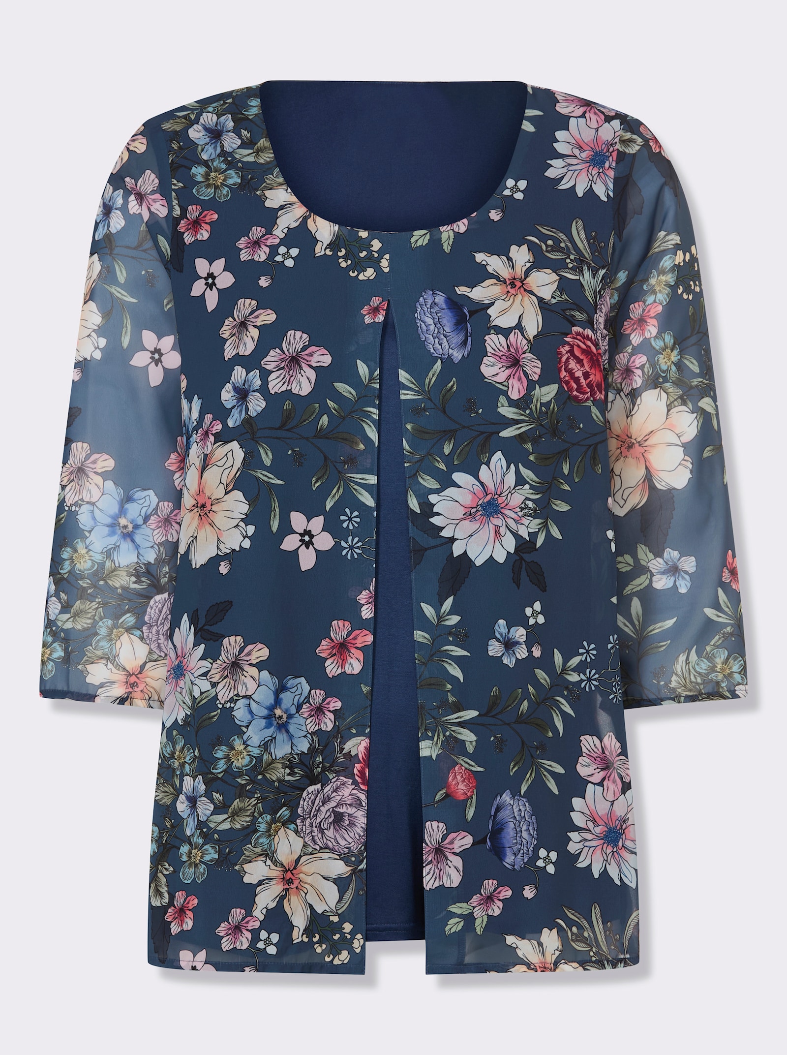 Druckbluse in 2-in-1-Optik - dunkelblau-orchidee-bedruckt