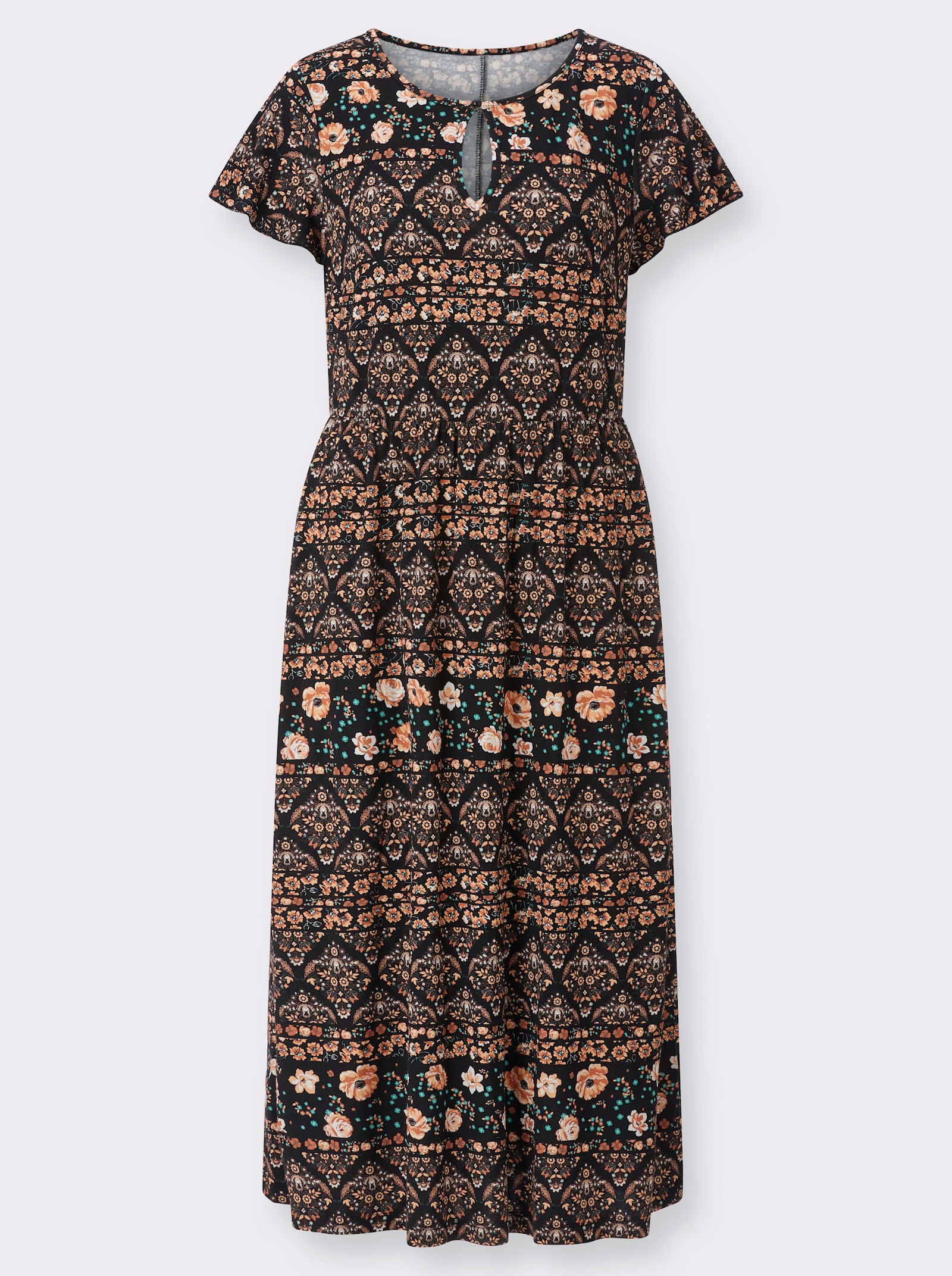 Jerseykleid mit Gummizug auf Taillenhöhe - papaya-schwarz-bedruckt