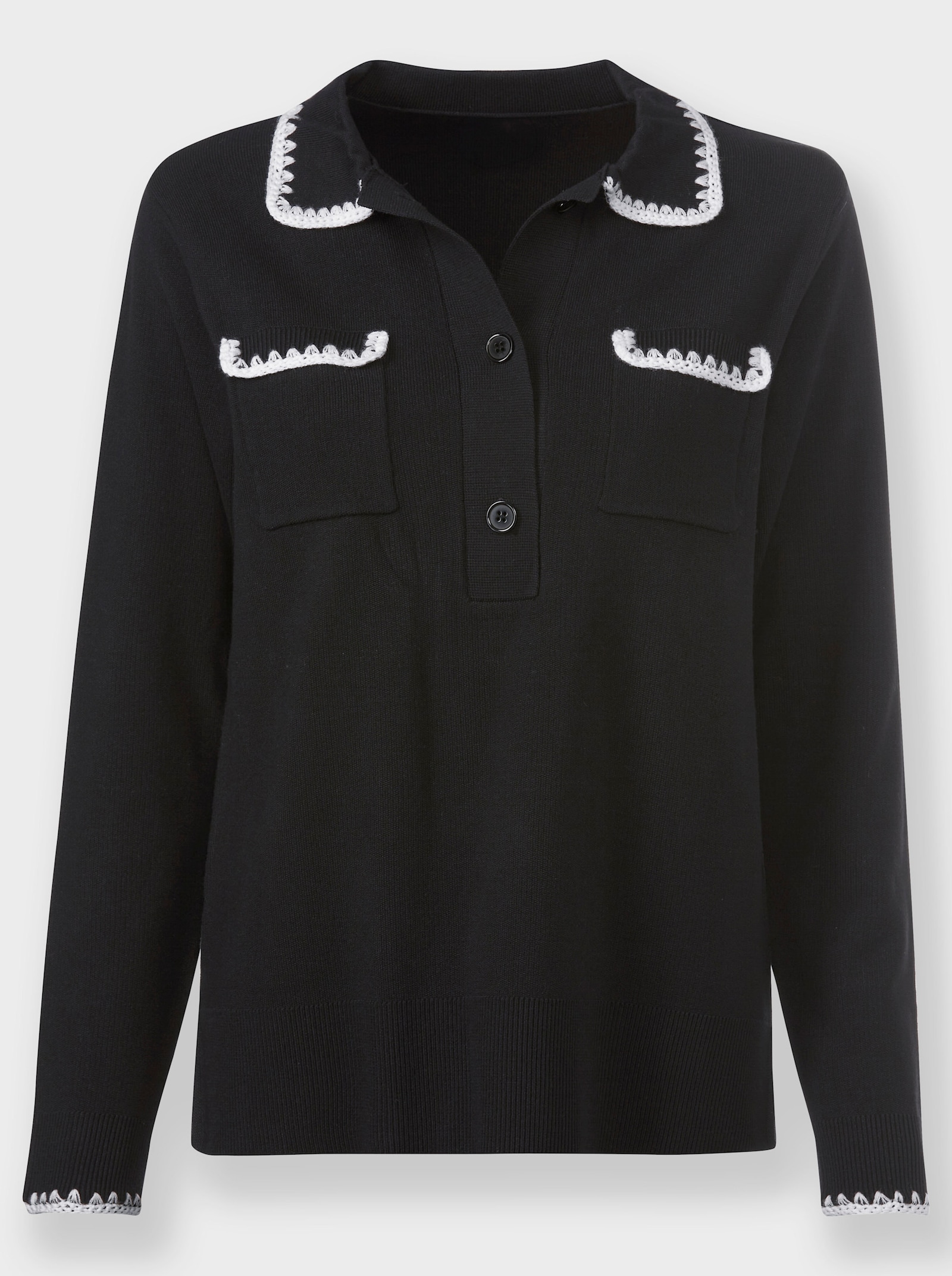 heine Polopullover mit Häkelverzierungen - schwarz-ecru
