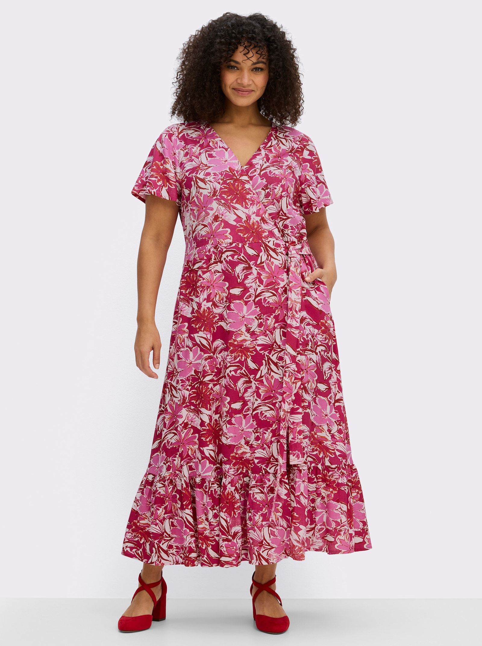 sheego by Joe Browns Wikkeljurk met volant aan de zoom - aardbei/pink gedessineerd