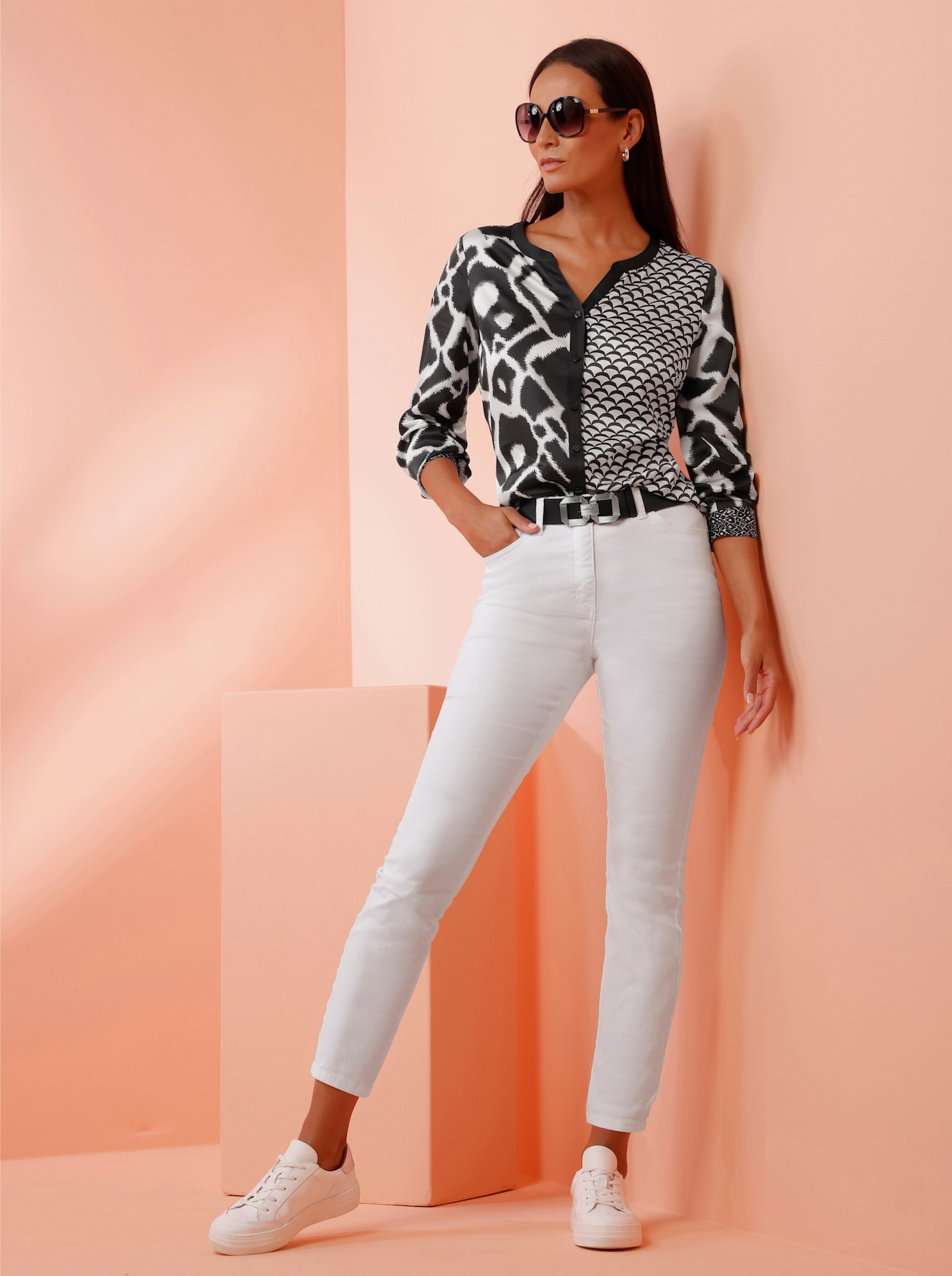 heine Druckbluse - ecru-schwarz-bedruckt