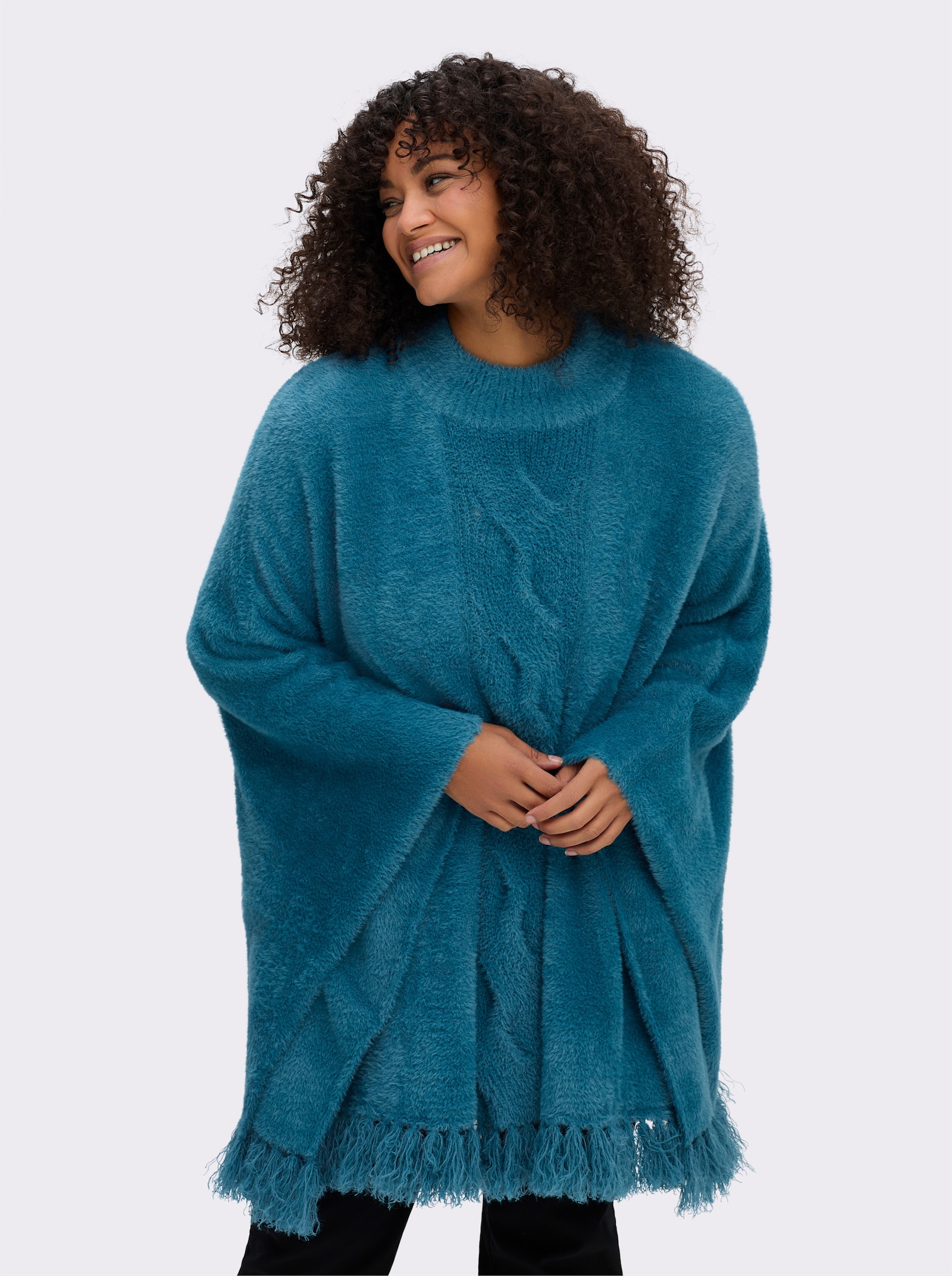 sheego Strickponcho mit Stehkragen und Quasten - topas