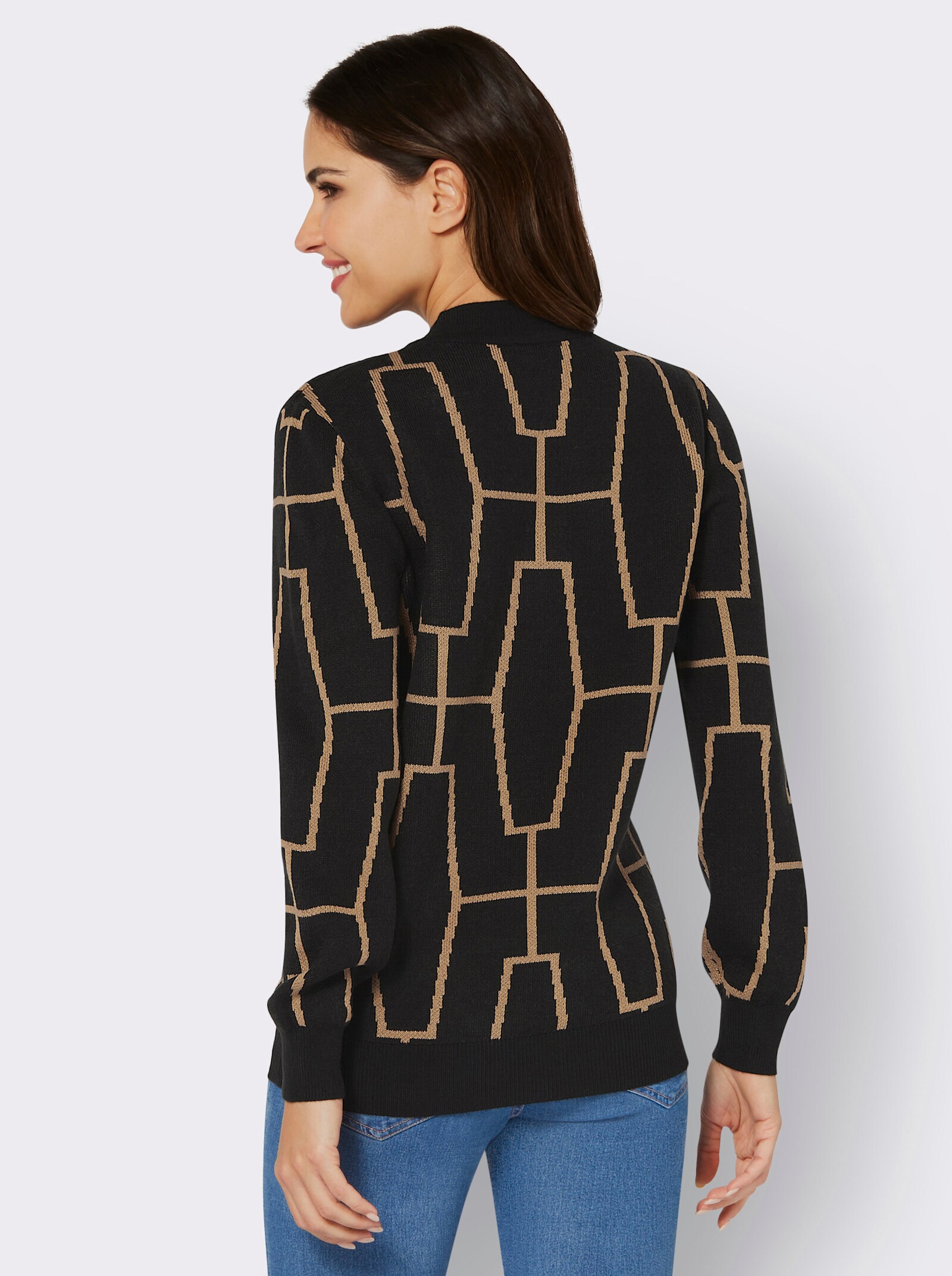 Svetr se stojáčkem a žakárovým vzorem - černá-velbloudí-vzor