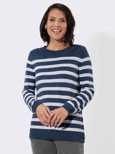 Rundhalspullover mit Zierknöpfen - jeansblau-ecru
