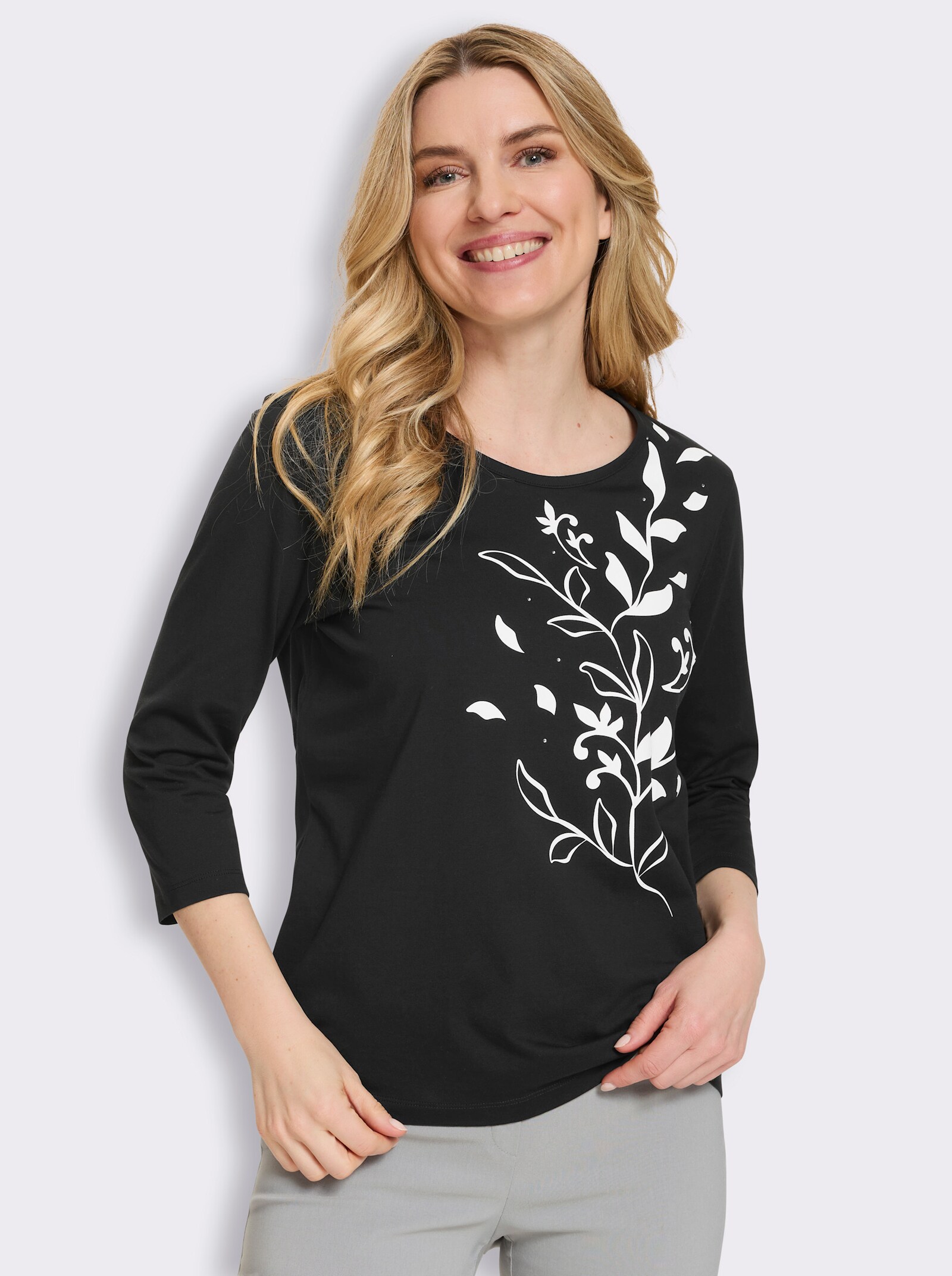 3/4-Arm-Shirt mit platziertem Druck - schwarz-ecru-bedruckt