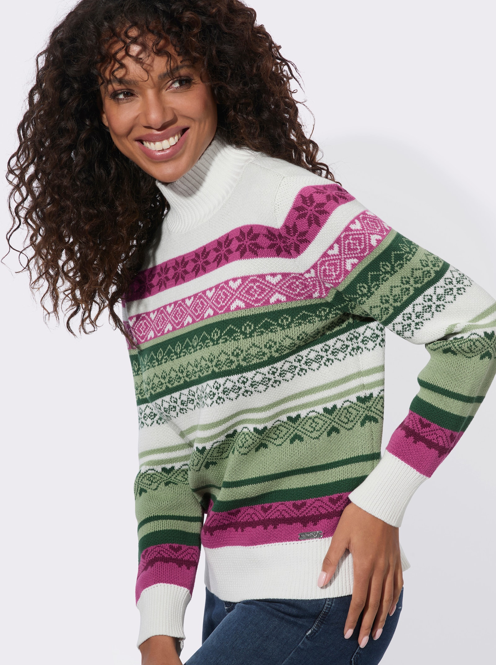 Stehkragenpullover in Norweger-Optik - eucalyptus-bordeaux-gemustert