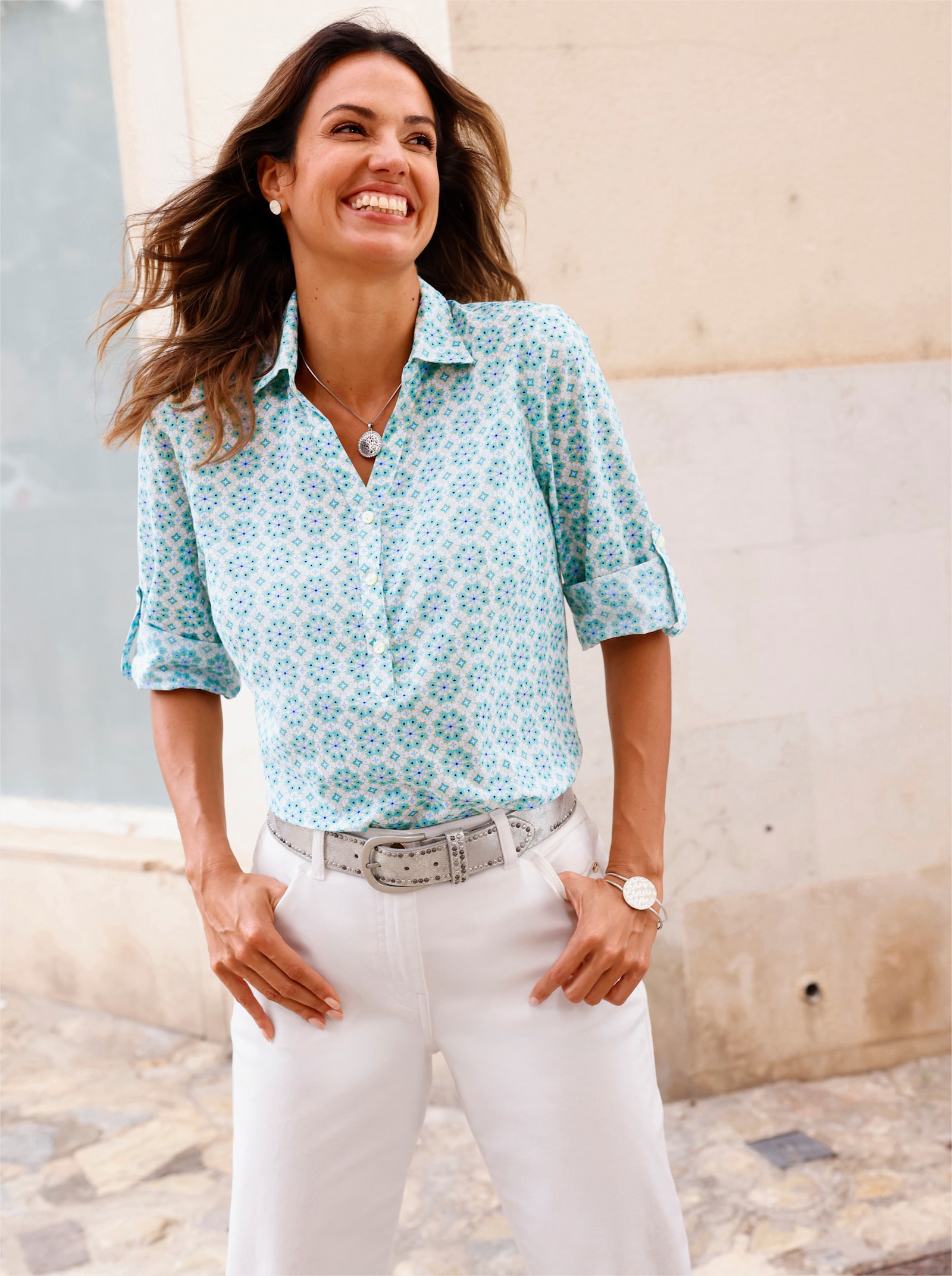 Druckbluse Falte hinten - weiss-pistazie-bedruckt