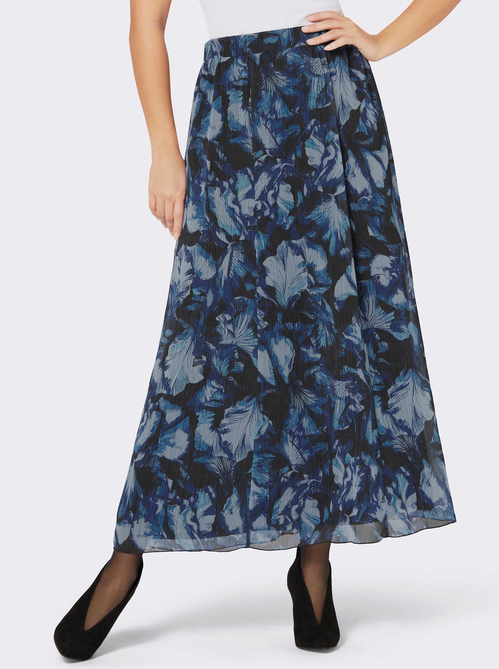 Webrock in Bahnenform, floral - schwarz-royalblau-bedruckt