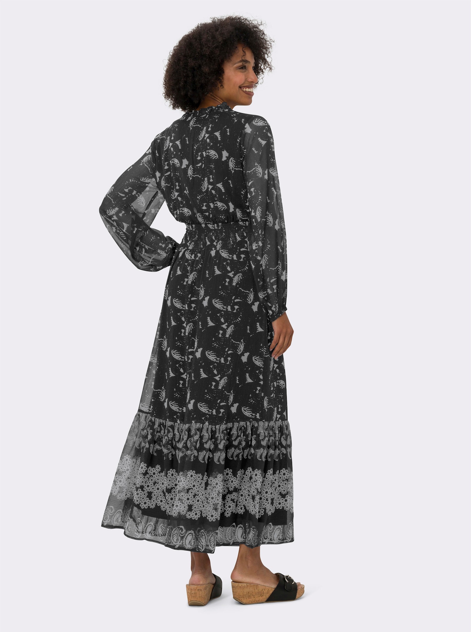 heine Chiffonkleid mit Smokeinsatz in der Taille - schwarz-champagner-bedruckt