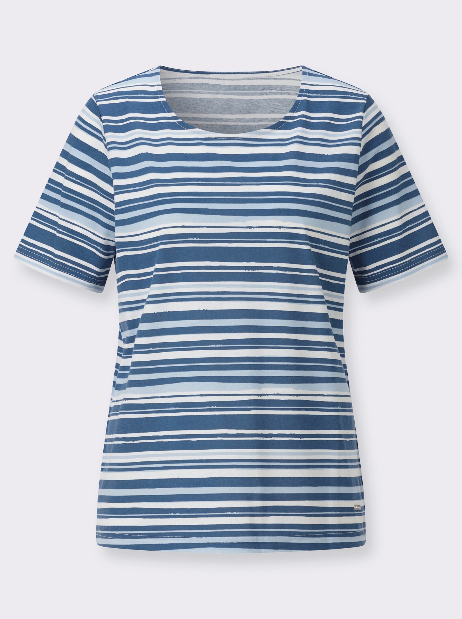 Kurzarmshirt im Ringel-Dessin - jeansblau-ecru-bedruckt