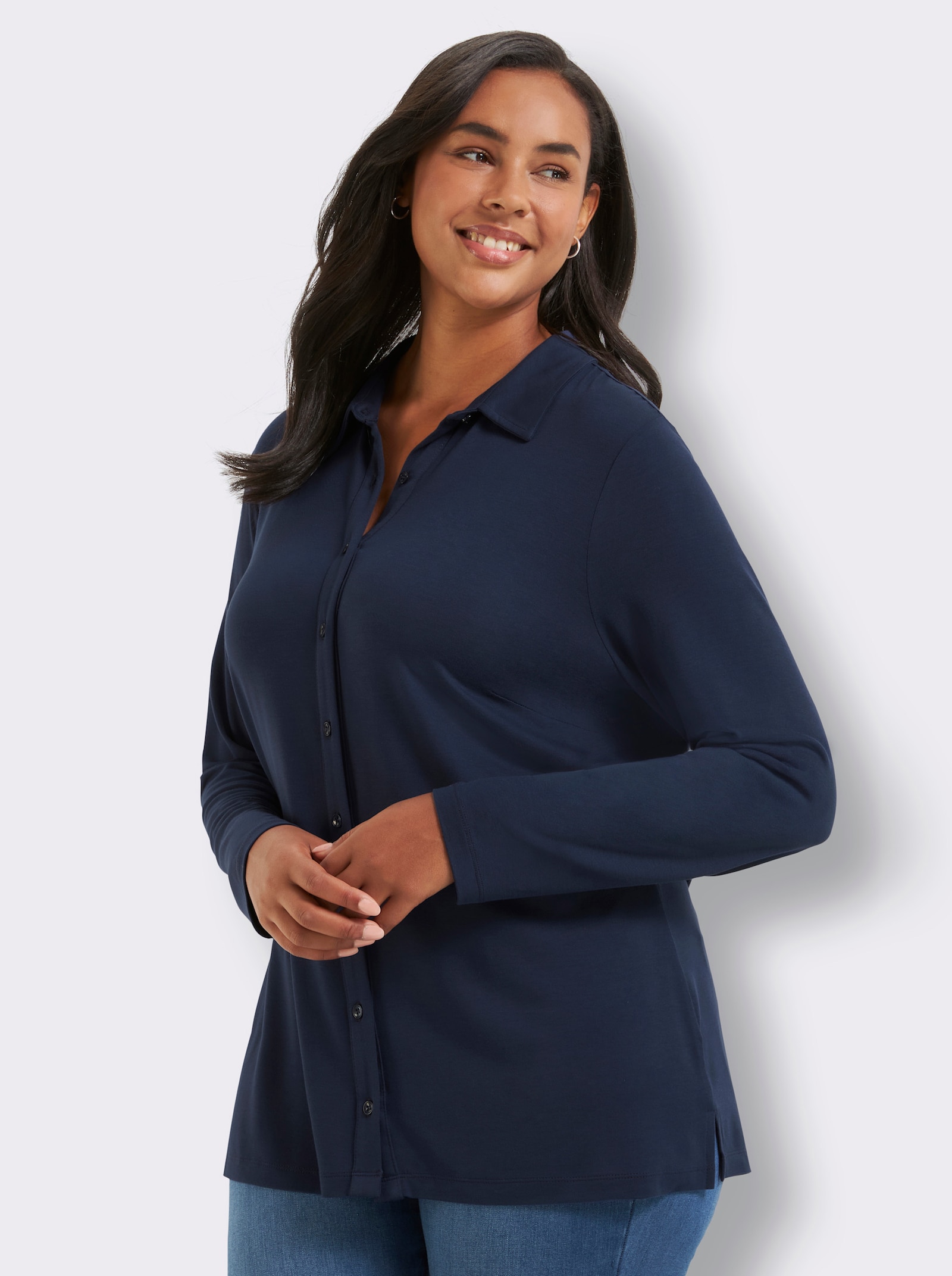 sheego Jersey-Bluse mit durchgehender Knopfleiste - tiefblau