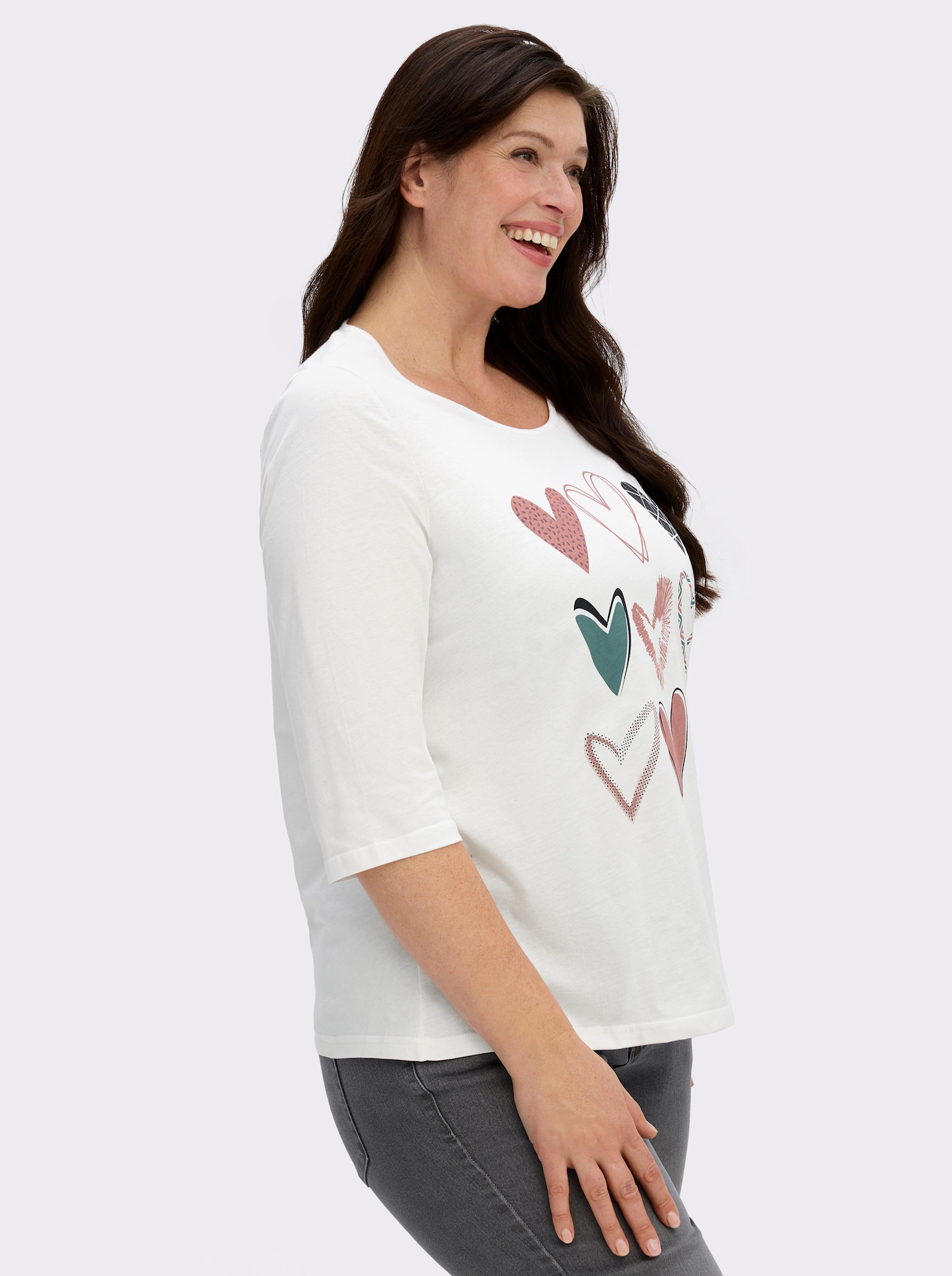 3/4-Arm-Shirt mit platziertem Herzmuster - ecru-marine