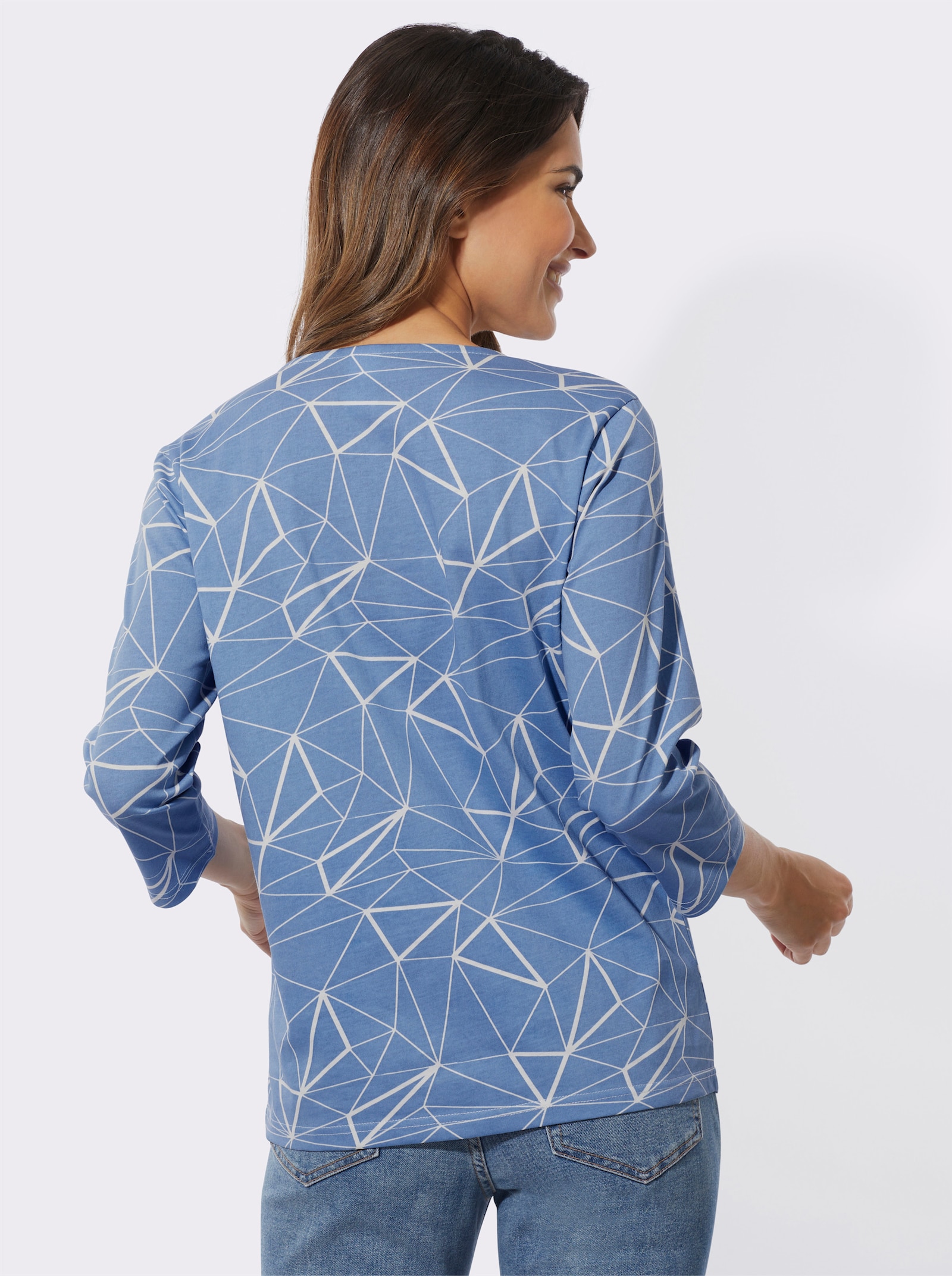 Shirt met ronde hals, in grafisch dessin - middenblauw/ecru bedrukt