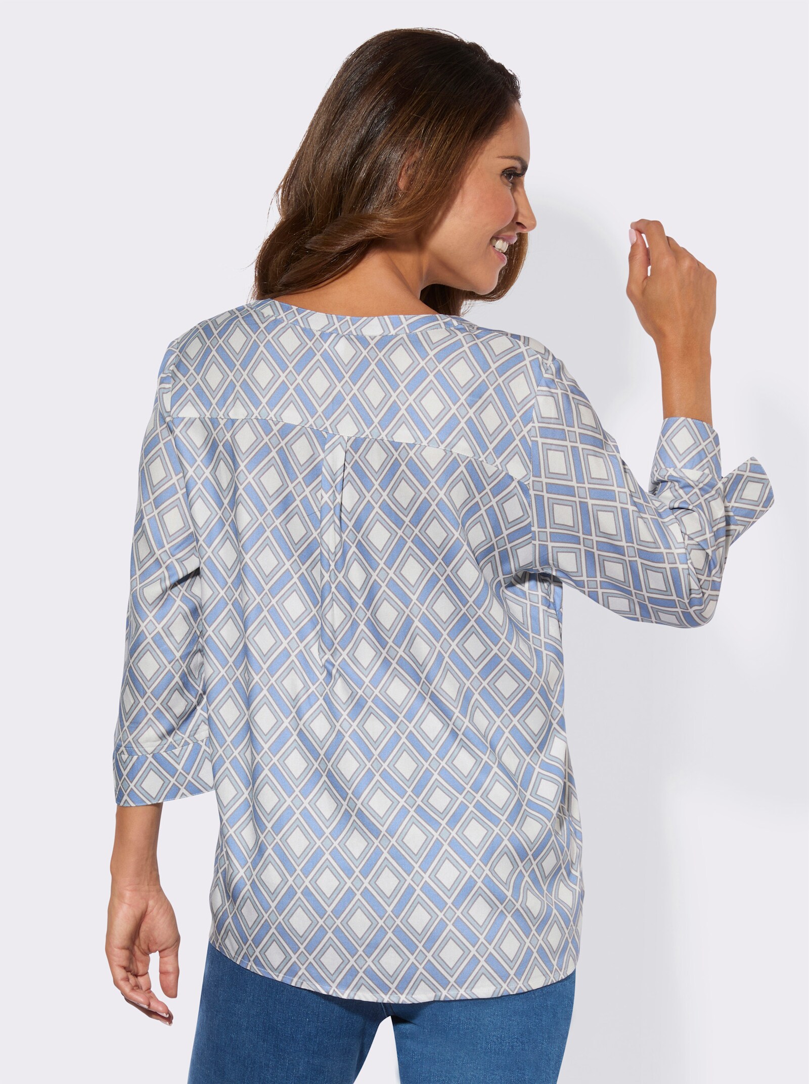 Schlupfbluse mit Kellerfalte hinten - himmelblau-ecru-bedruckt