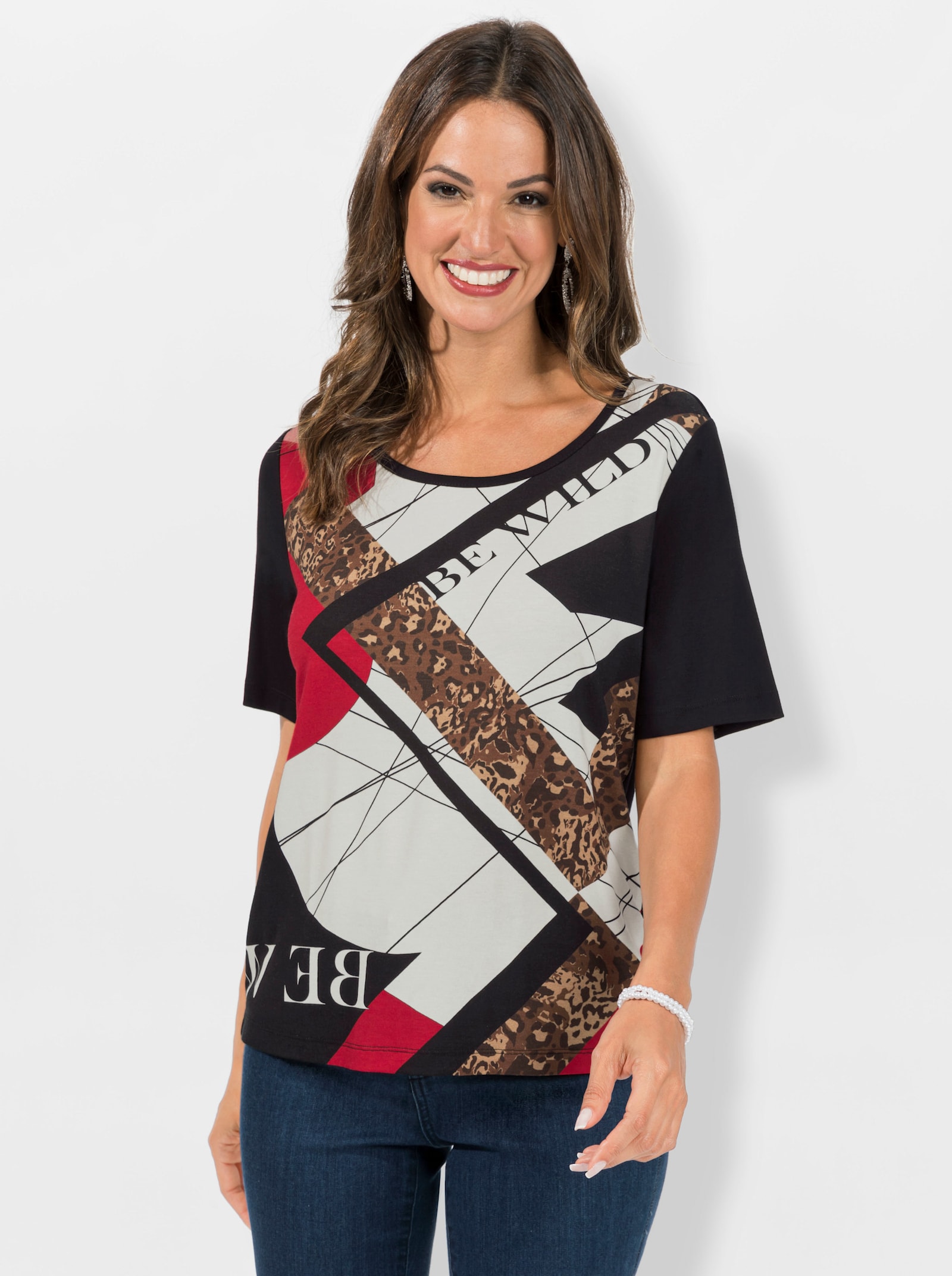 Kurzarmshirt im Muster-Mix - schwarz-ecru-bedruckt