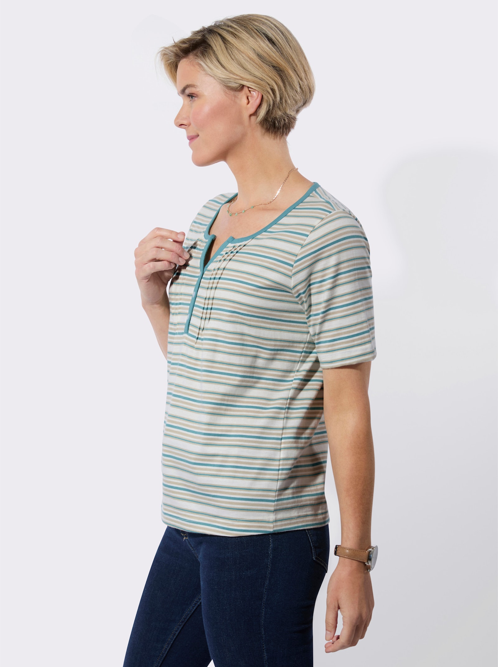 Shirt mit Biesenverzierung - ecru-ozean-geringelt