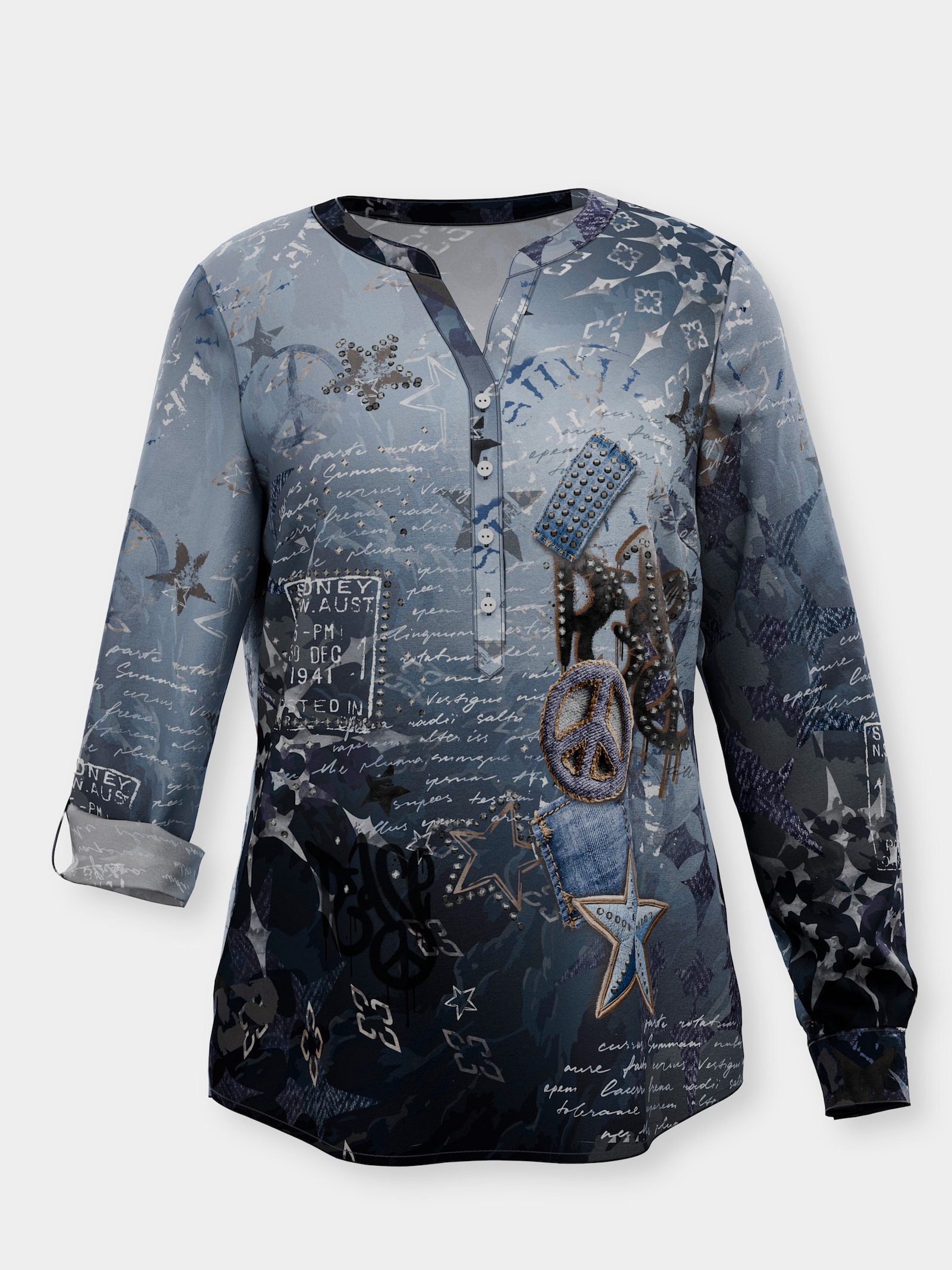 heine Druckbluse - jeansblau-steingrau-bedruckt