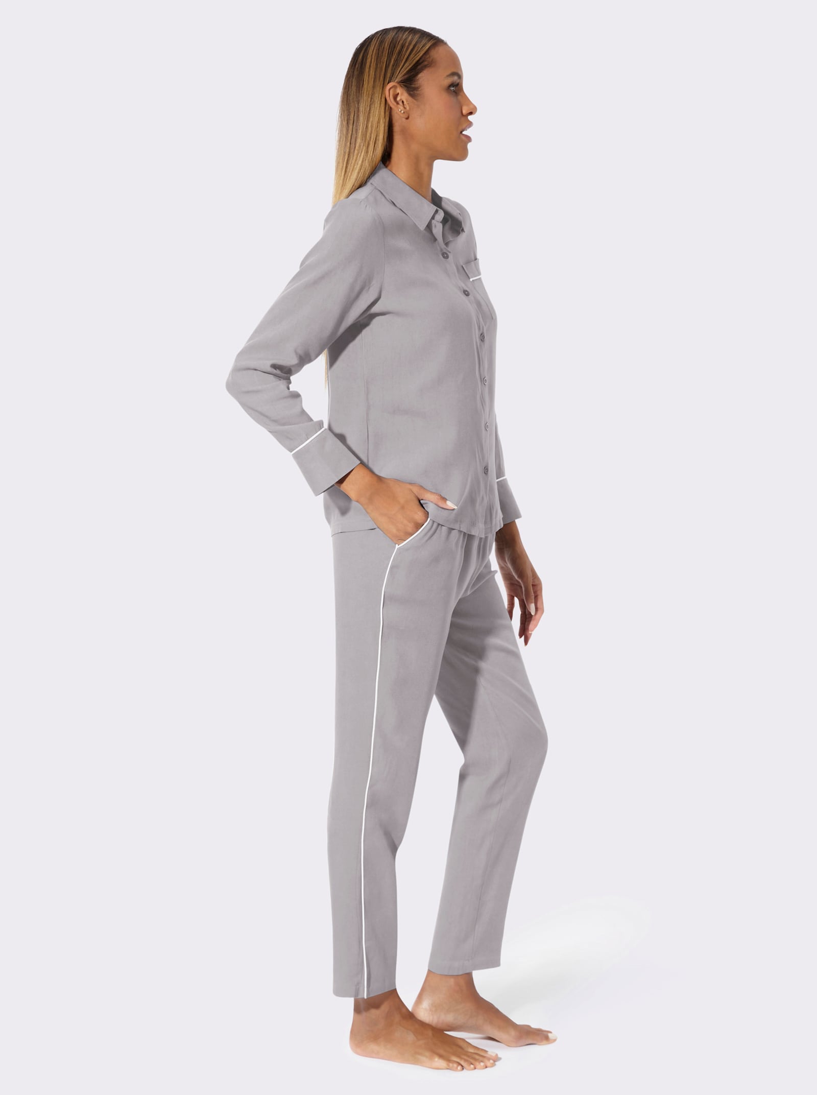 wäschepur Pyjama mit Brusttasche - steingrau-ecru