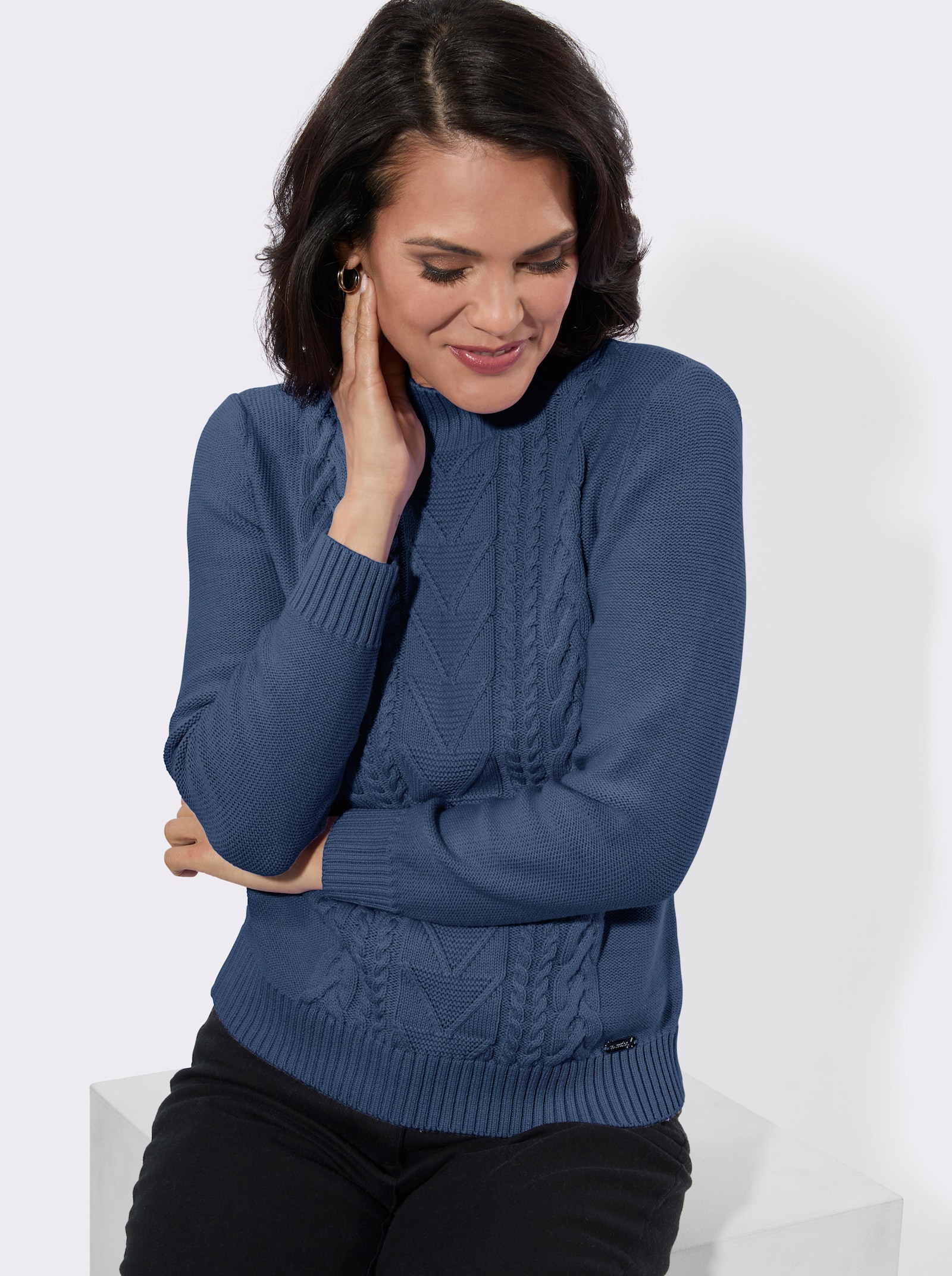 Stehkragenpullover mit gerippten Abschlüssen - jeansblau
