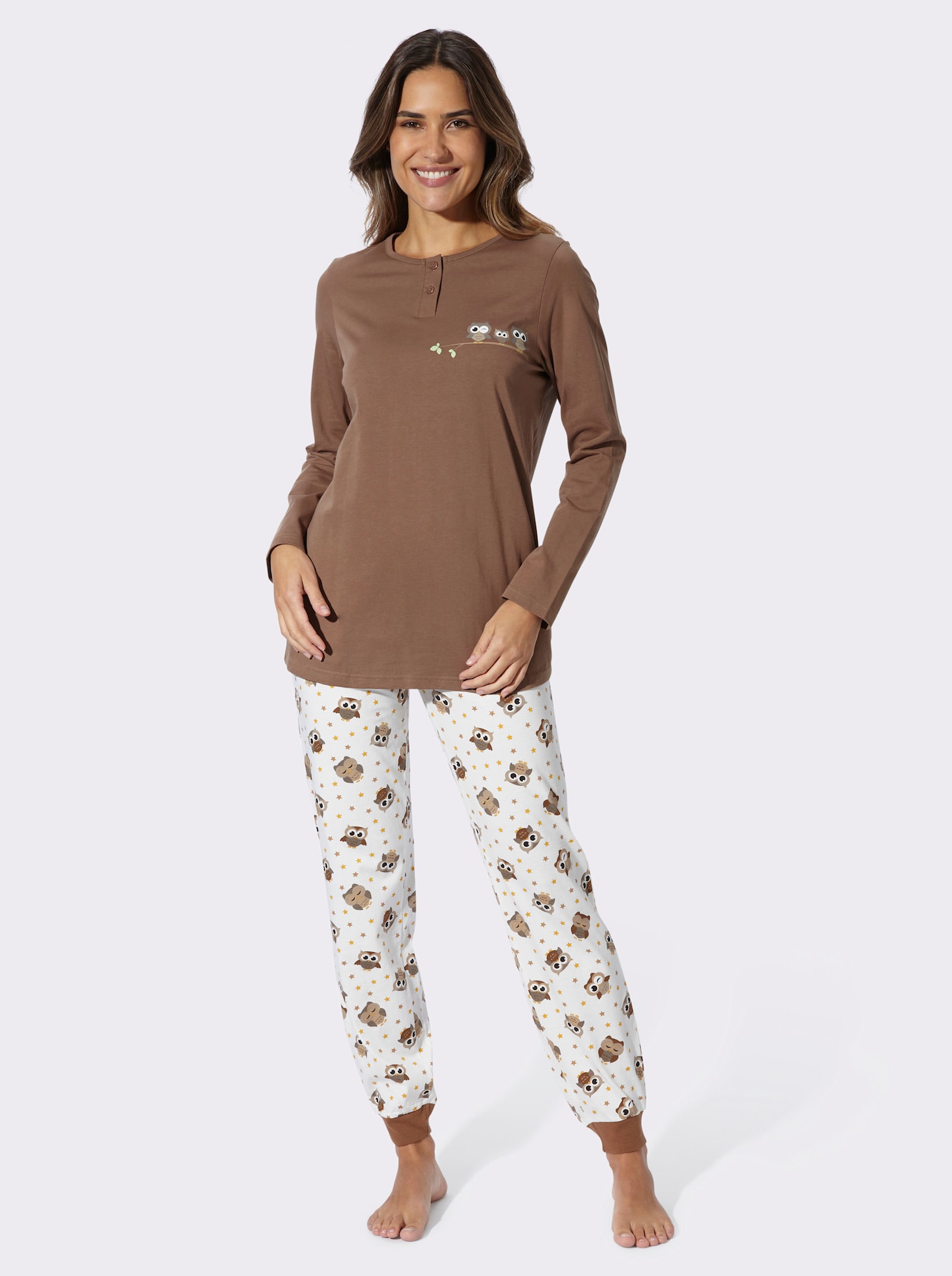 Schlafanzug Hose allover mit Eulen-Druck - braun-ecru-bedruckt