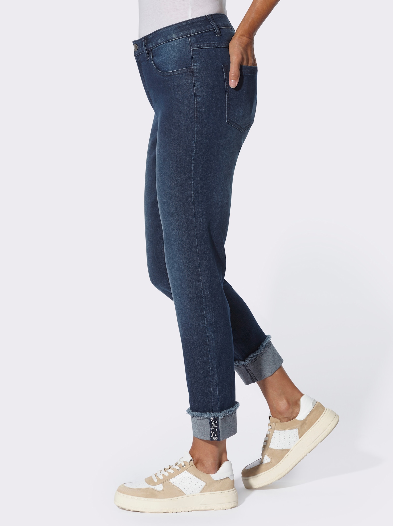 7/8-Jeans mit Fransen am Beinaufschlag - blue-stone-washed