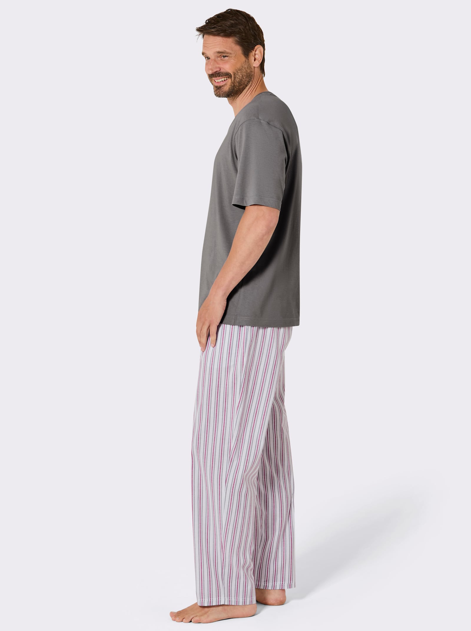 wäschepur men Schlafanzug im Streifen-Look - grau-kirsche-gestreift
