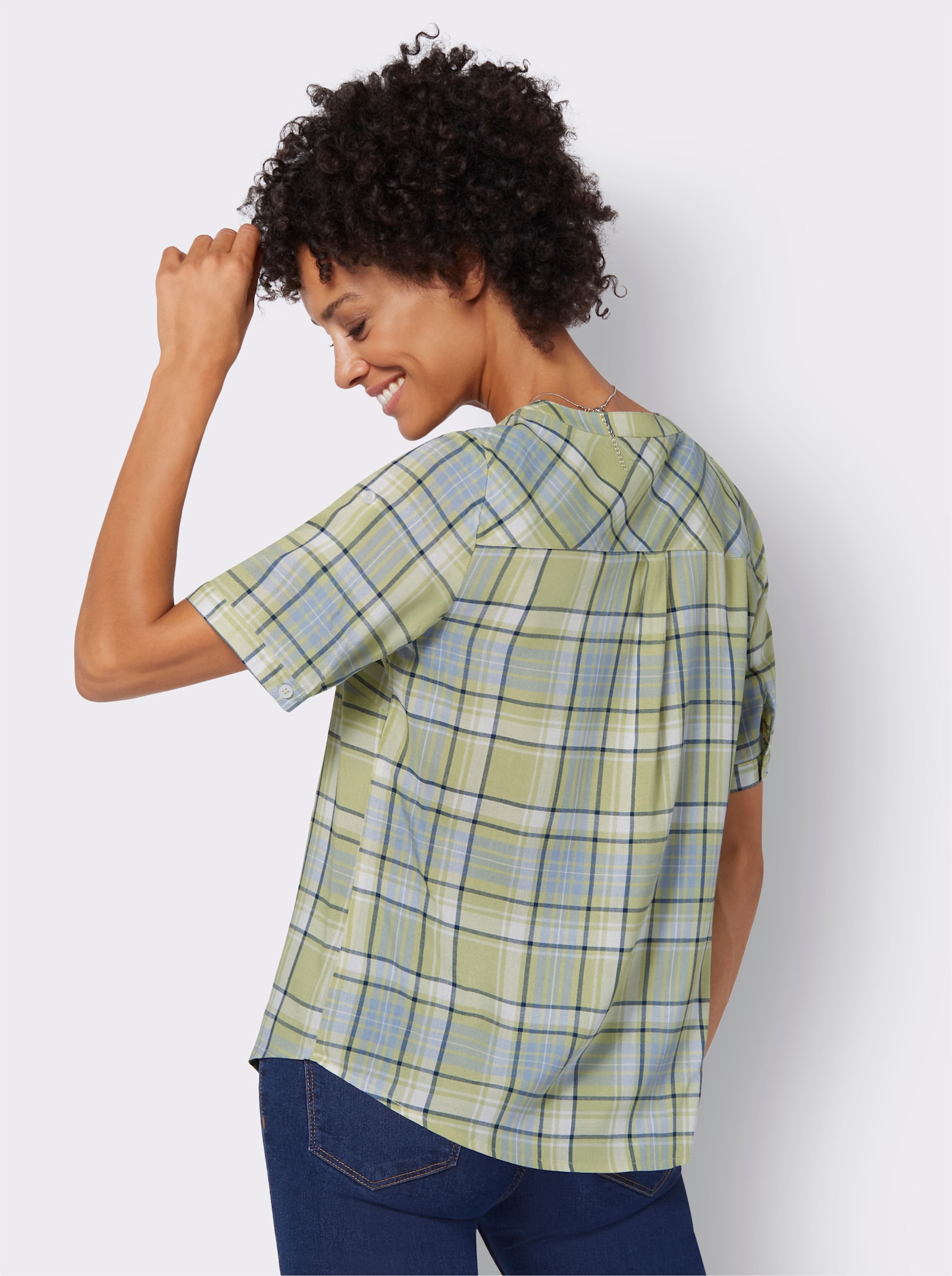 Karobluse in Schlupfform - lindgrün-bleu-kariert