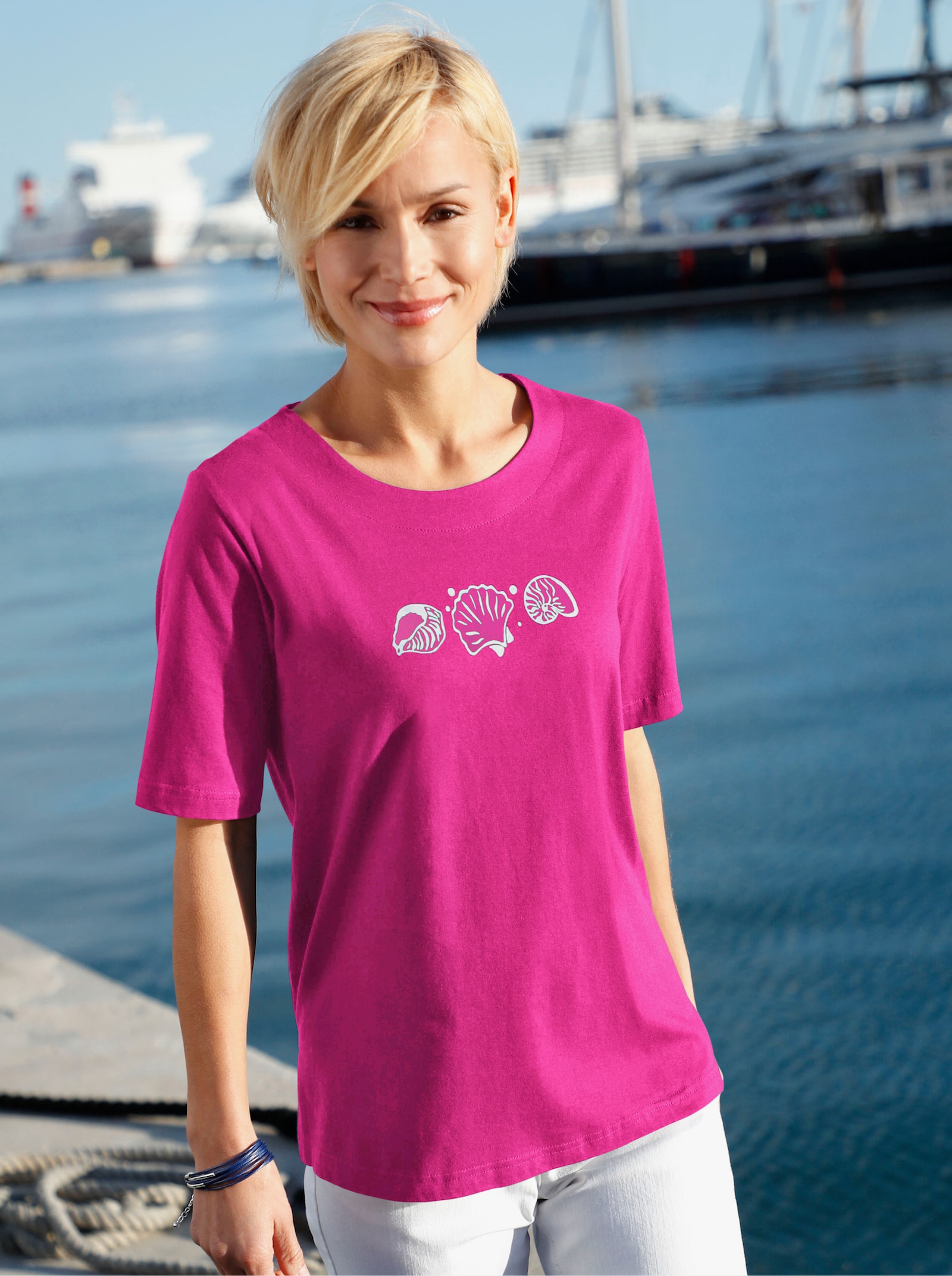 Kurzarmshirt mit Muschel-Druck - fuchsia