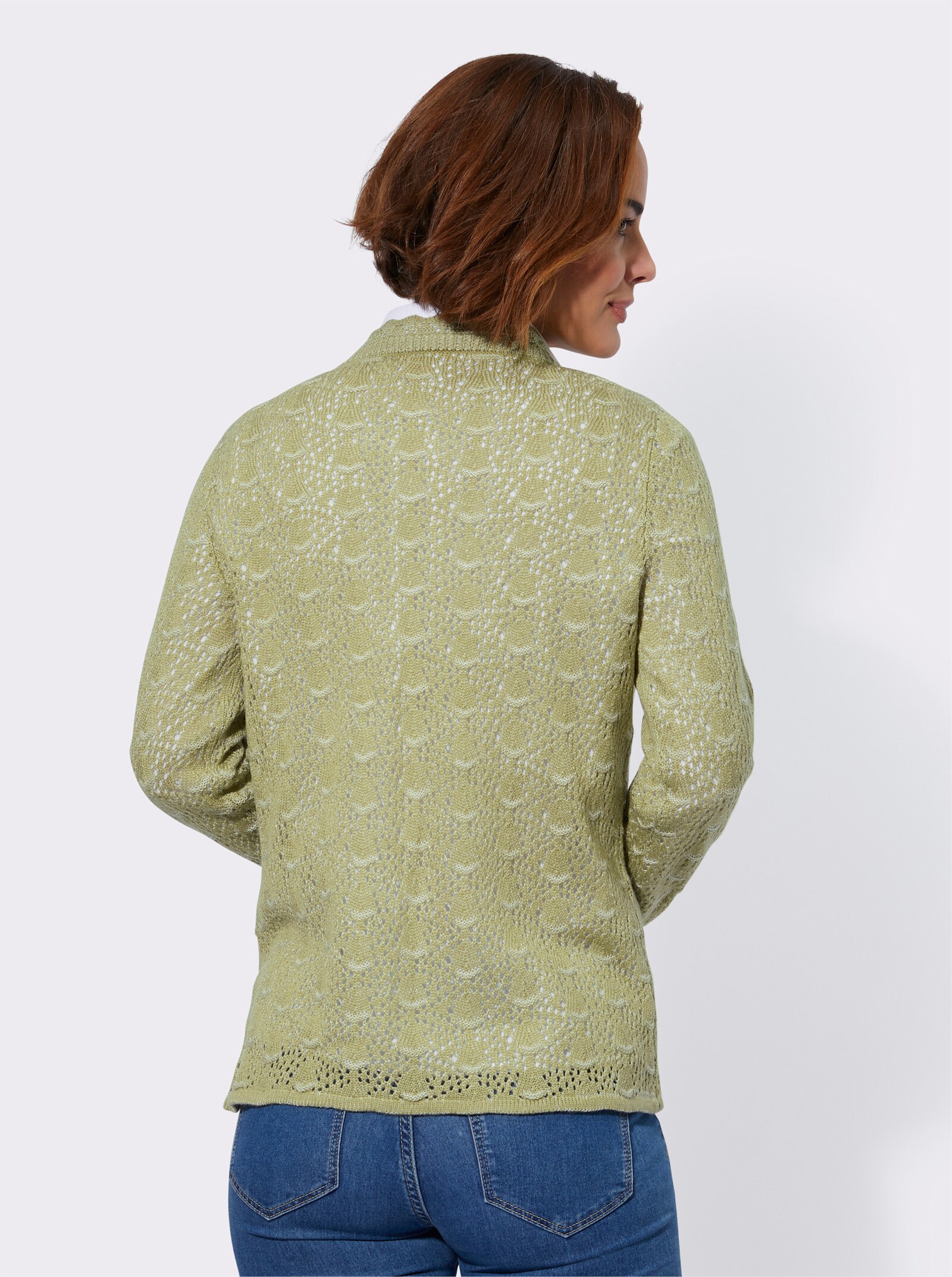  Ajourstrickjacke mit gebogten Abschlüssen - schilf-meliert