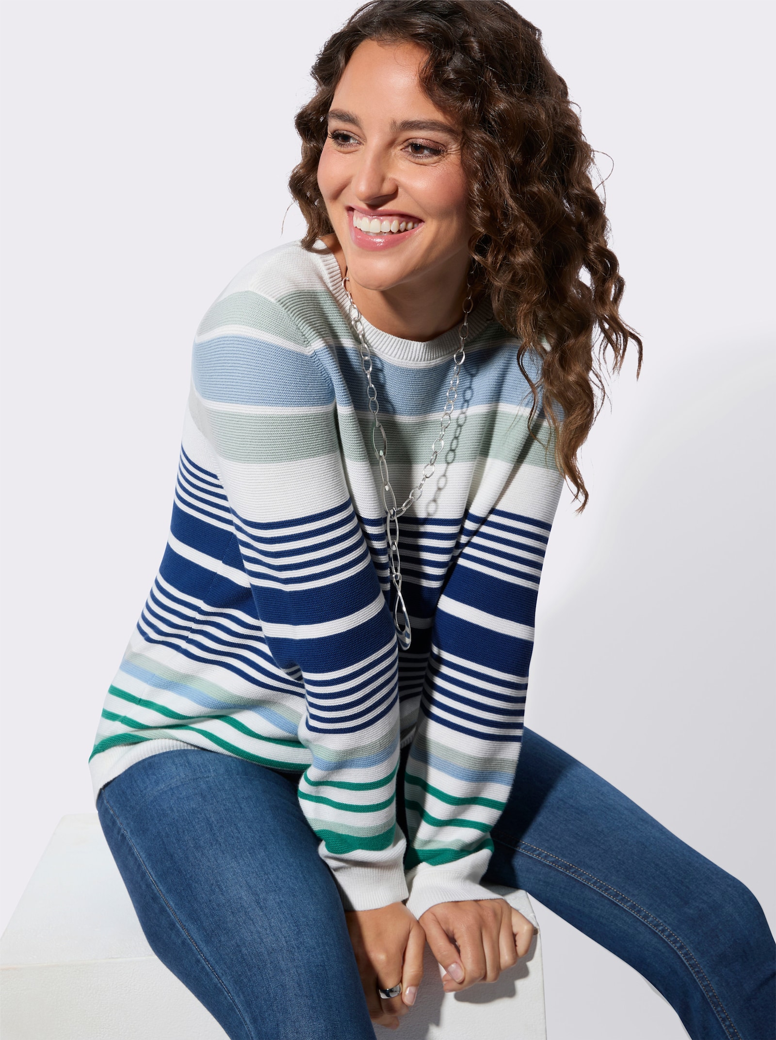 Baumwollpullover im Ringel-Dessin - kalkmint-jeansblau-geringelt