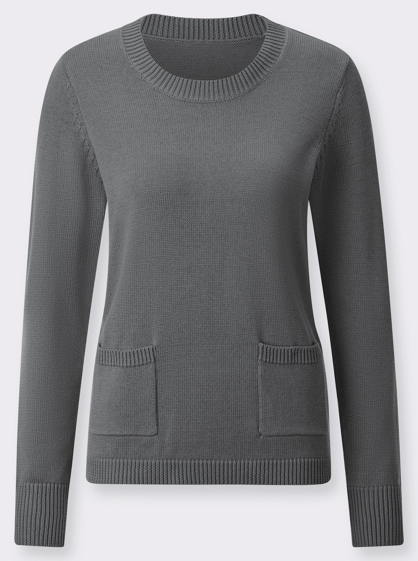 Rundhalspullover mit aufgesetzten Taschen - grau-meliert