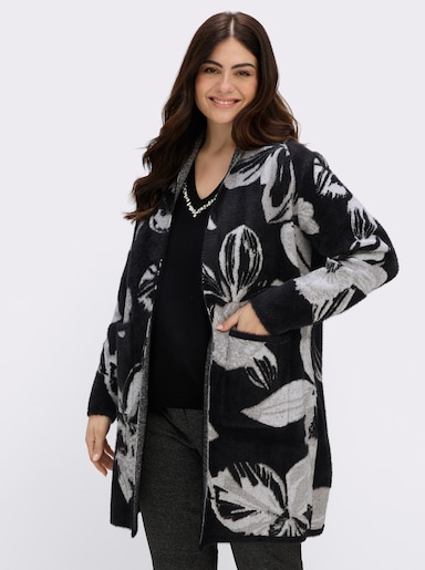 sheego Longstrickjacke mit Jaquardmuster - schwarz-elfenbein-gemustert