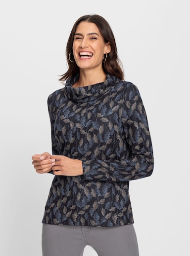 Print-Shirt mit halsfernem Rollkragen - marine-sesam-bedruckt