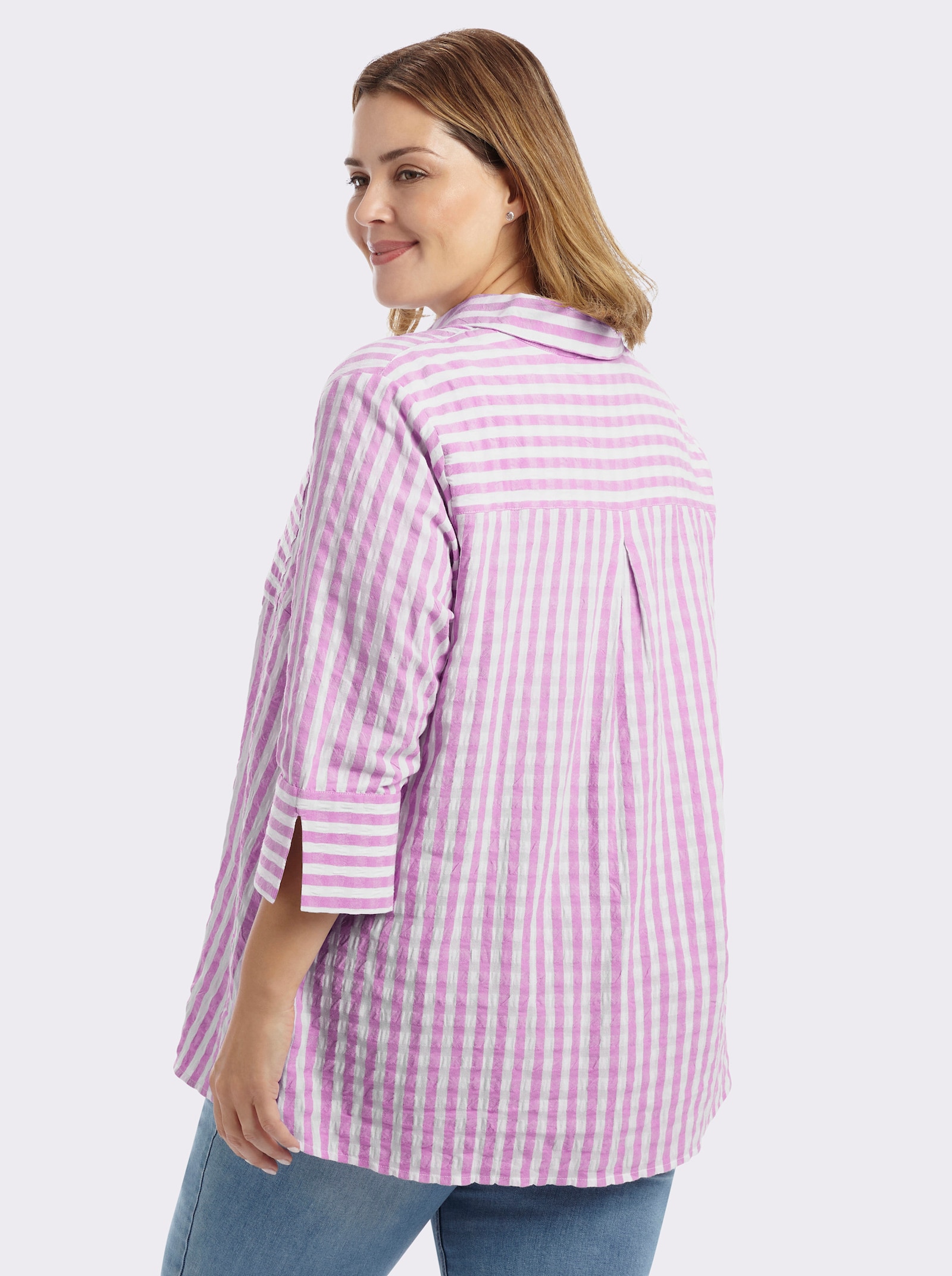 sheego Gestreifte Bluse mit 3/4-Ärmeln - orchidee-weiss-gestreift