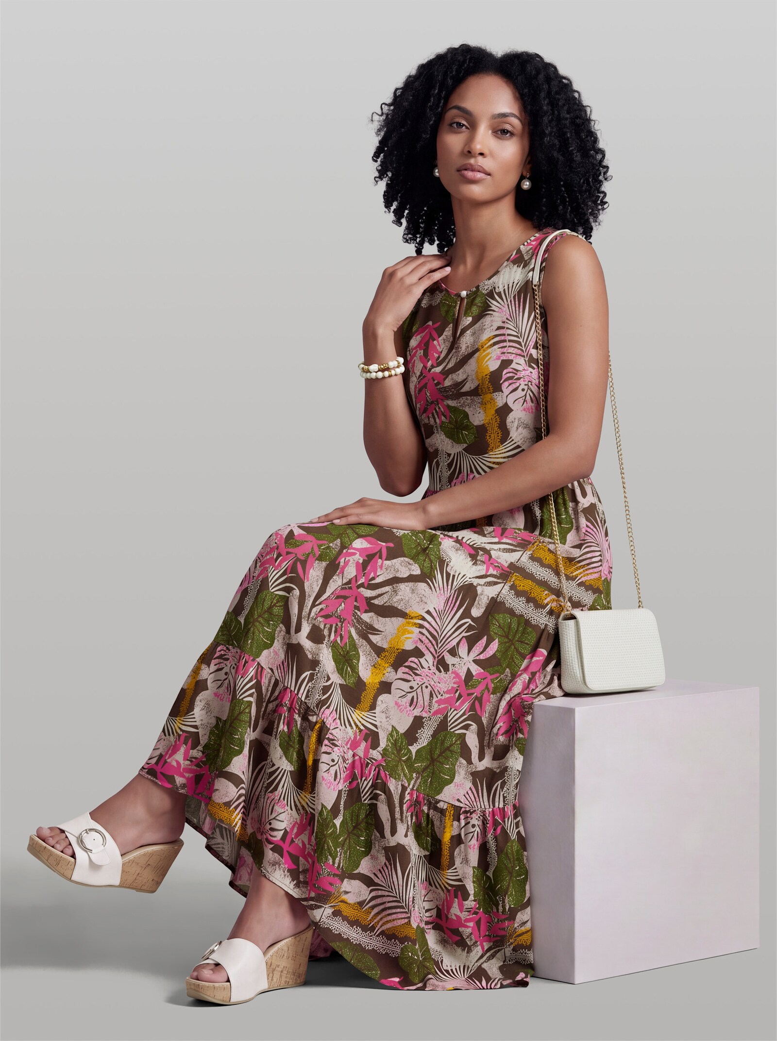 heine Jerseykleid ohne Ärmel - fuchsia-schoko-bedruckt