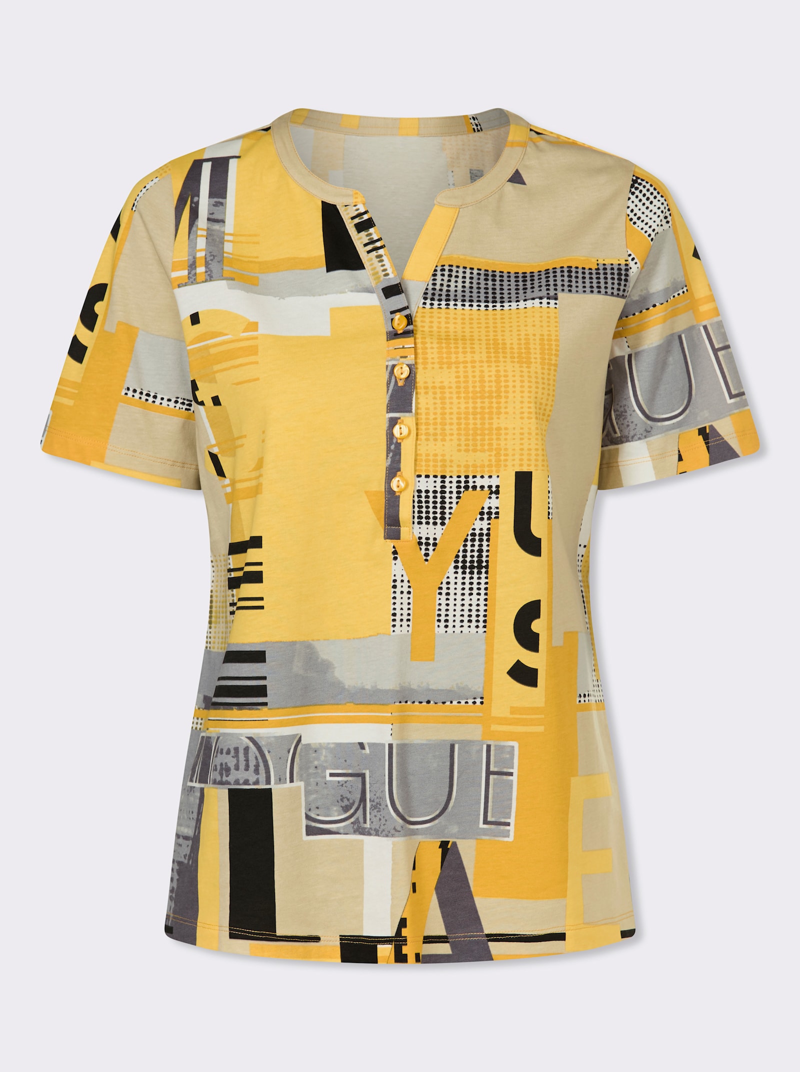 Kurzarmshirt mit kurzer Knopfleiste - ocker-sand-bedruckt