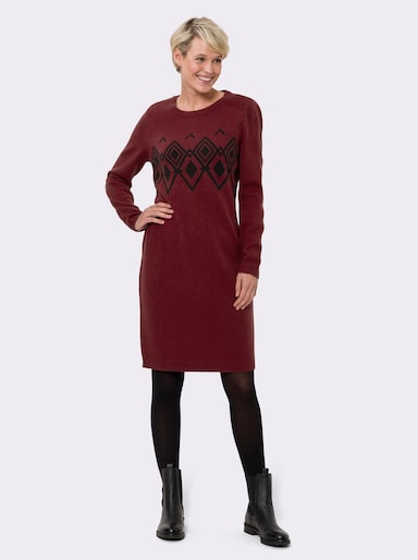 Strickkleid mit Norweger-Muster - bordeaux-schwarz