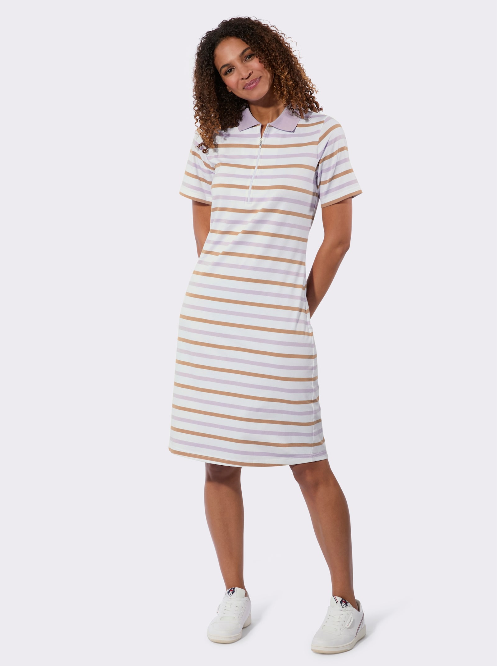 Polokleid im garngefärbten Ringel-Dessin - flieder-camel-geringelt