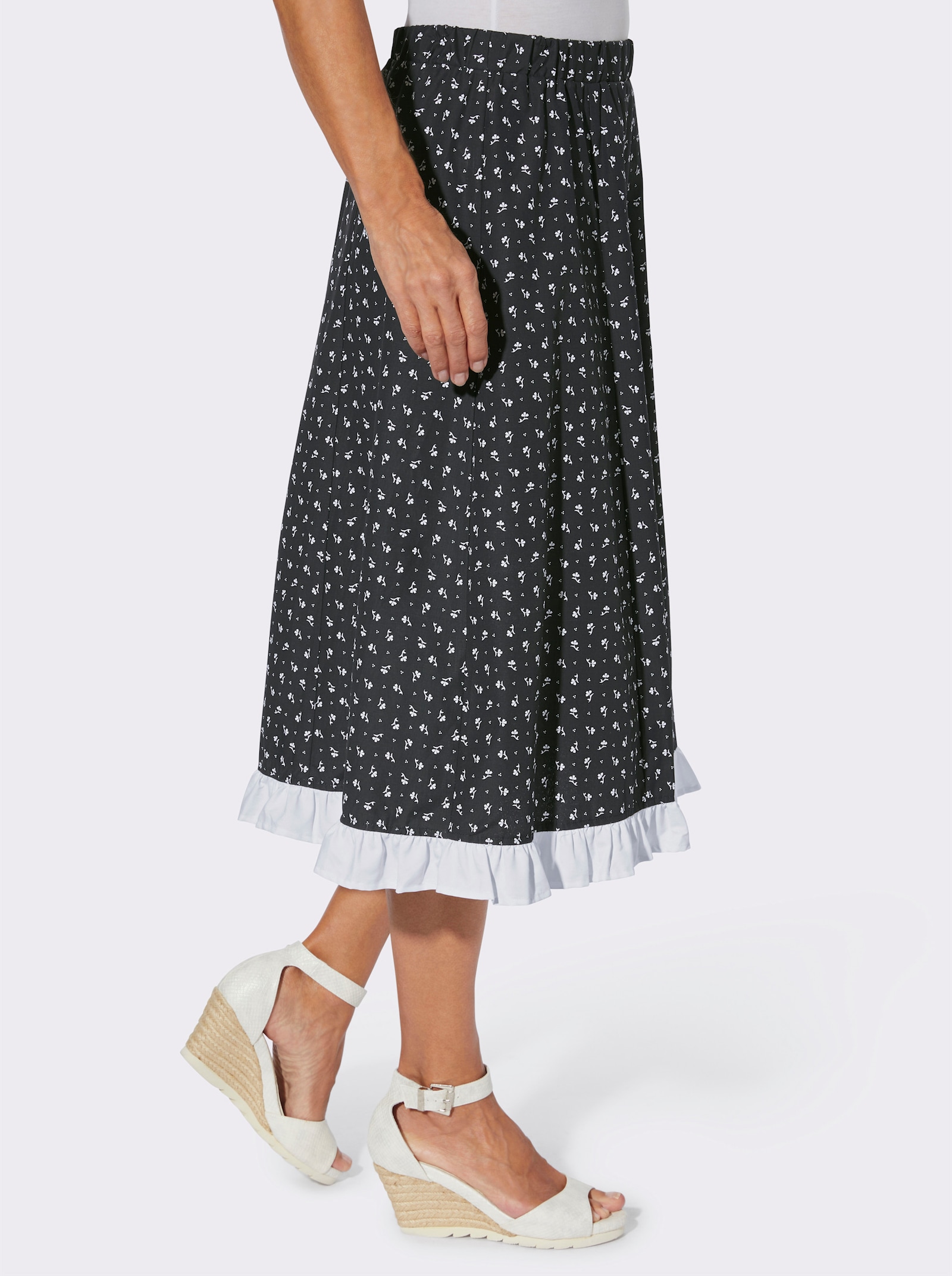 Schlupfrock mit Rüschen - schwarz-ecru-bedruckt