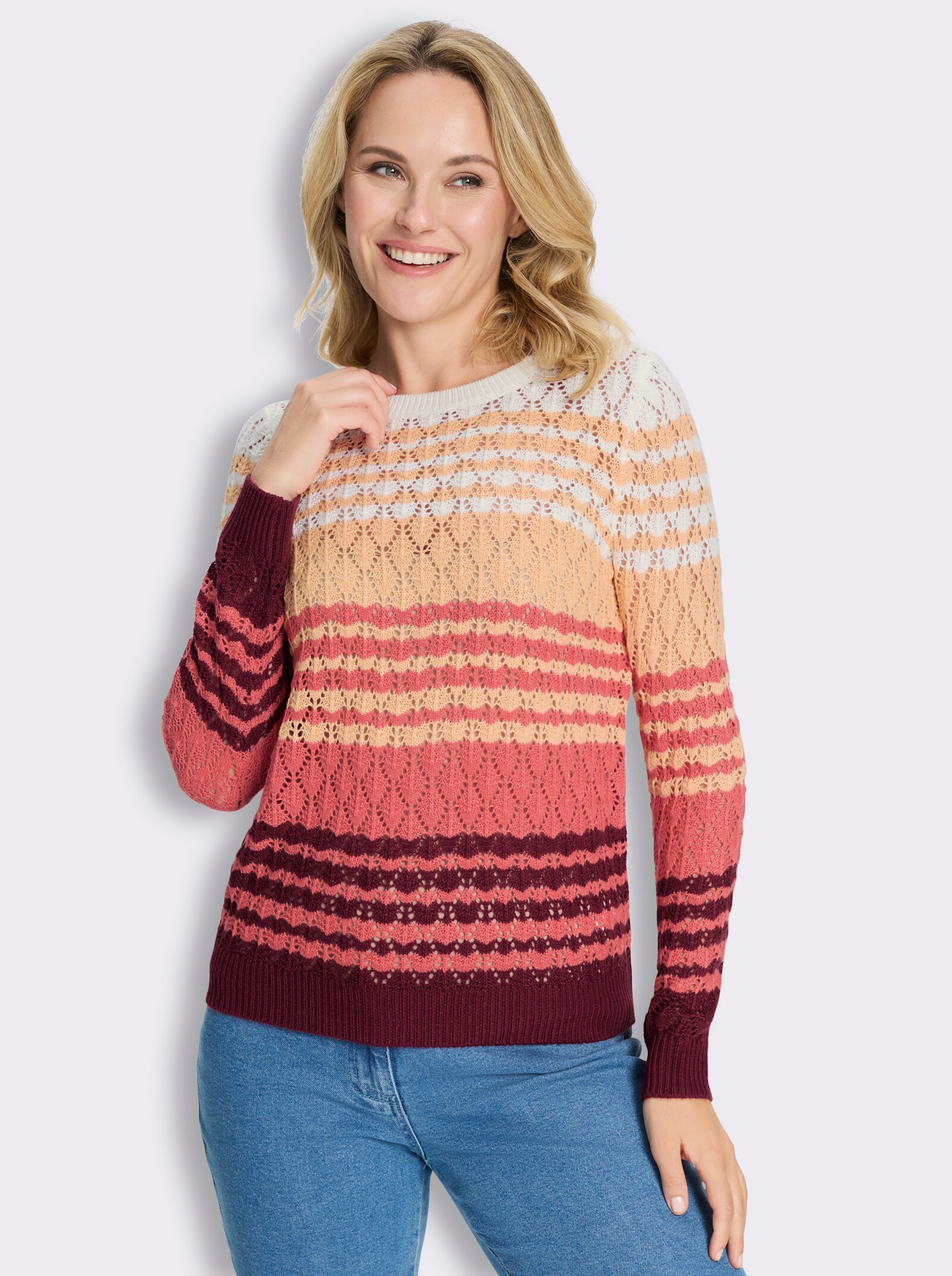 Ajourpullover mit Farbverlauf in Streifen-Optik - ecru-bordeaux-gemustert